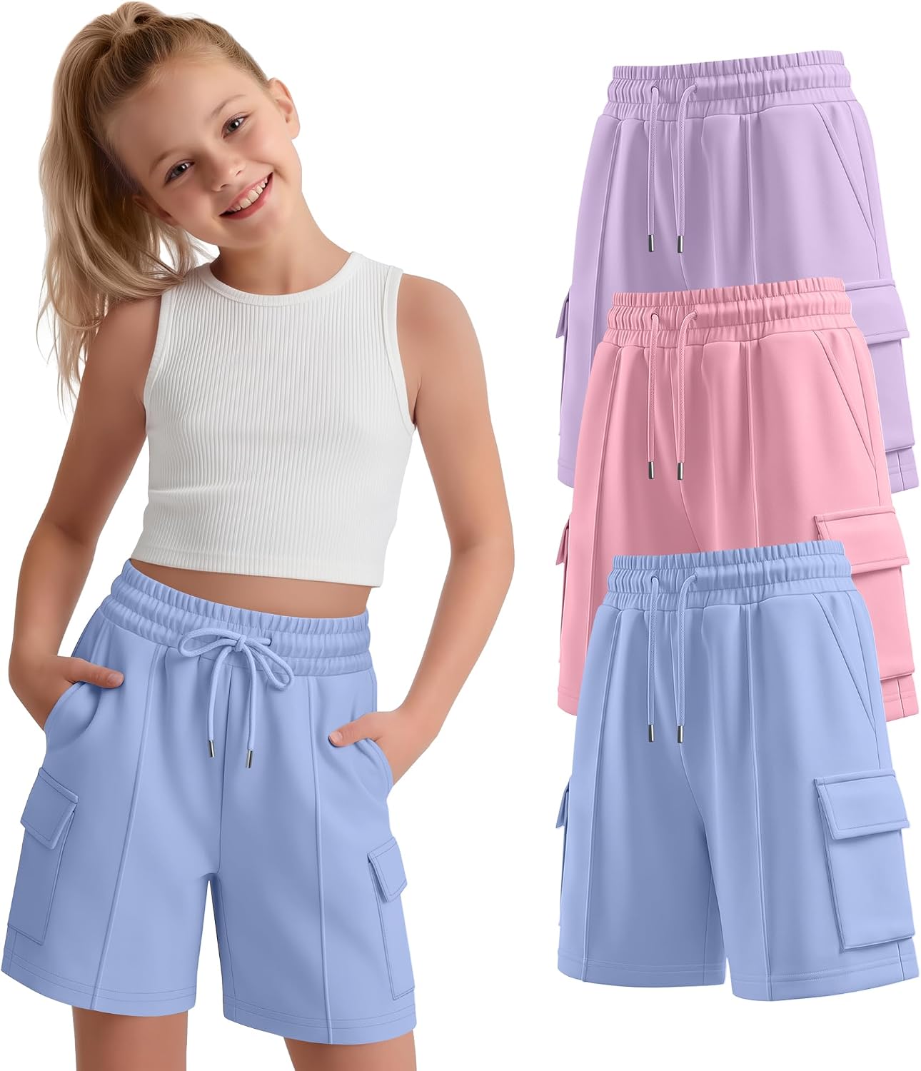 3 Pack Girls' Bermuda Cargo Shorts with 4 Pockets Back to School Knee Length Drawstring Long Shorts for Teen 5-14Y