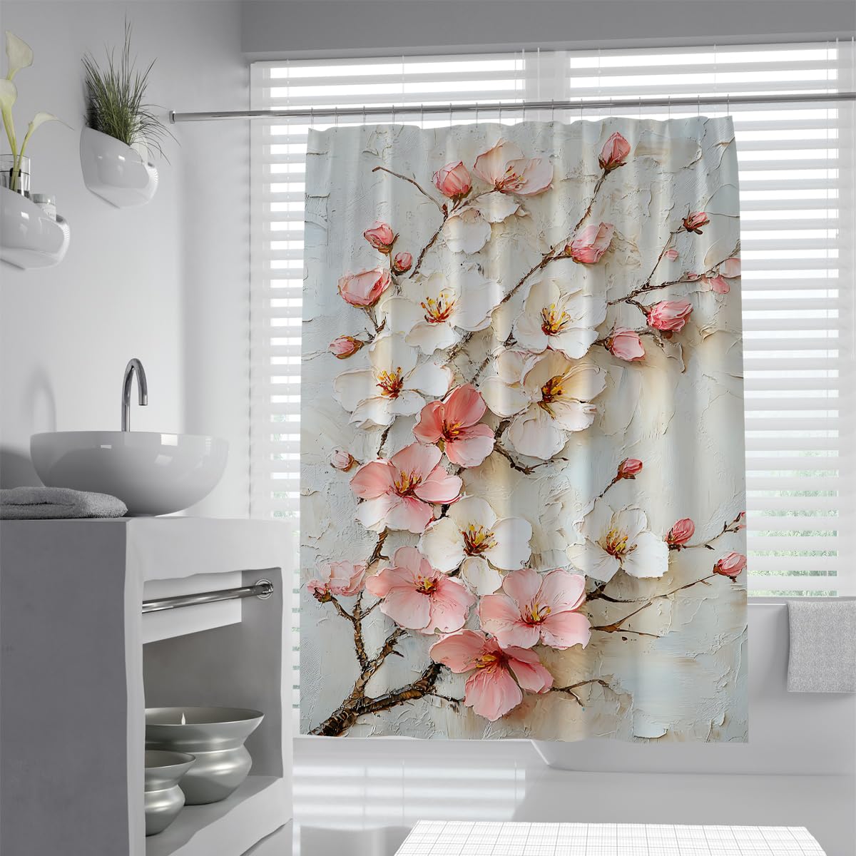 UIRINGART Chic Carved Peach Blossom Shower Curtain W180xL220cm Soft Pink White Flower Branch Mildew Resistant Quick Dry Bath Curtains Bath Decoration With Hooks