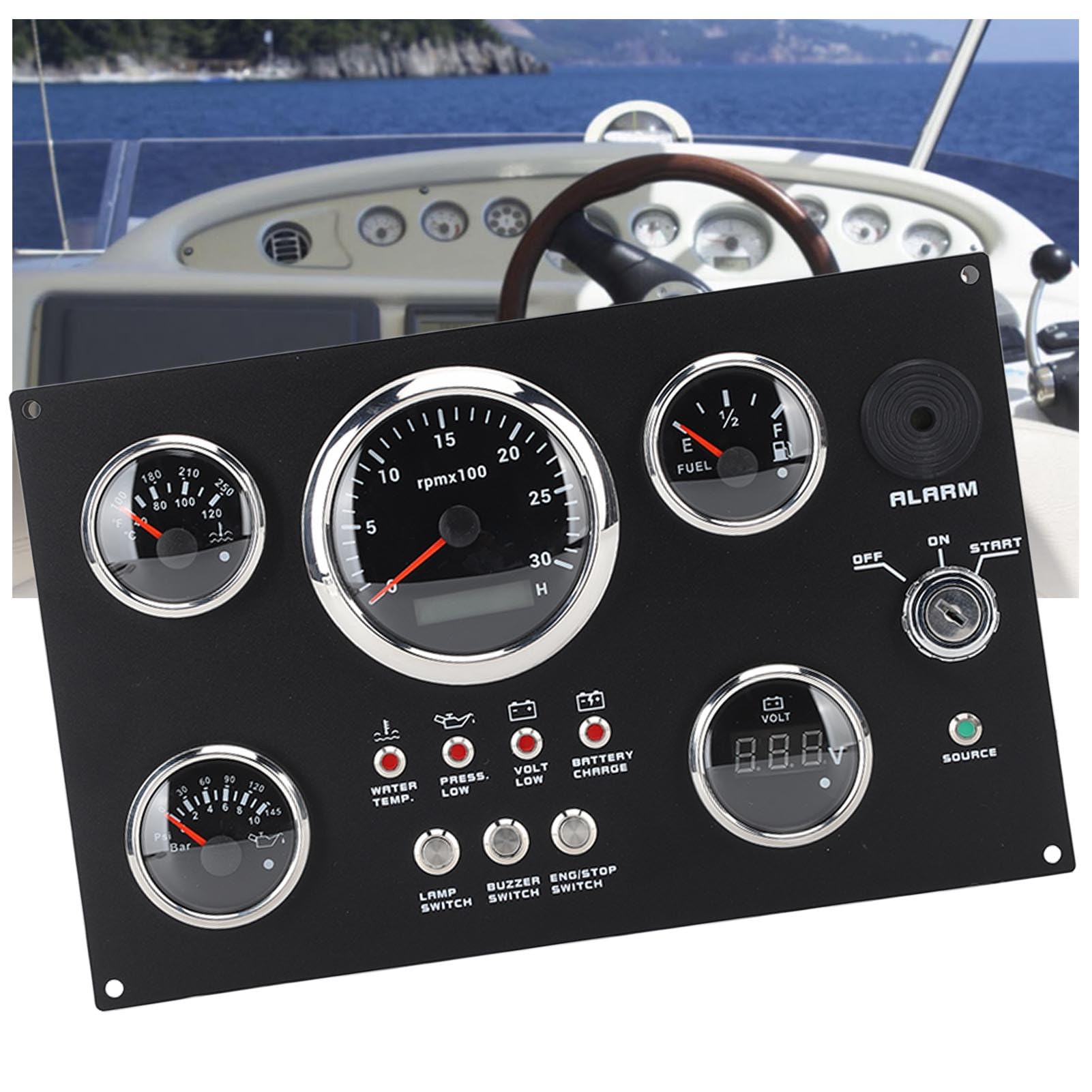 Cosiki Medidor de Presión de Aceite, Voltímetro Preciso de 85 Mm, Juego de Medidor de Panel de Instrumentos de 0 a 3000 RPM para Yate (led Rojo)