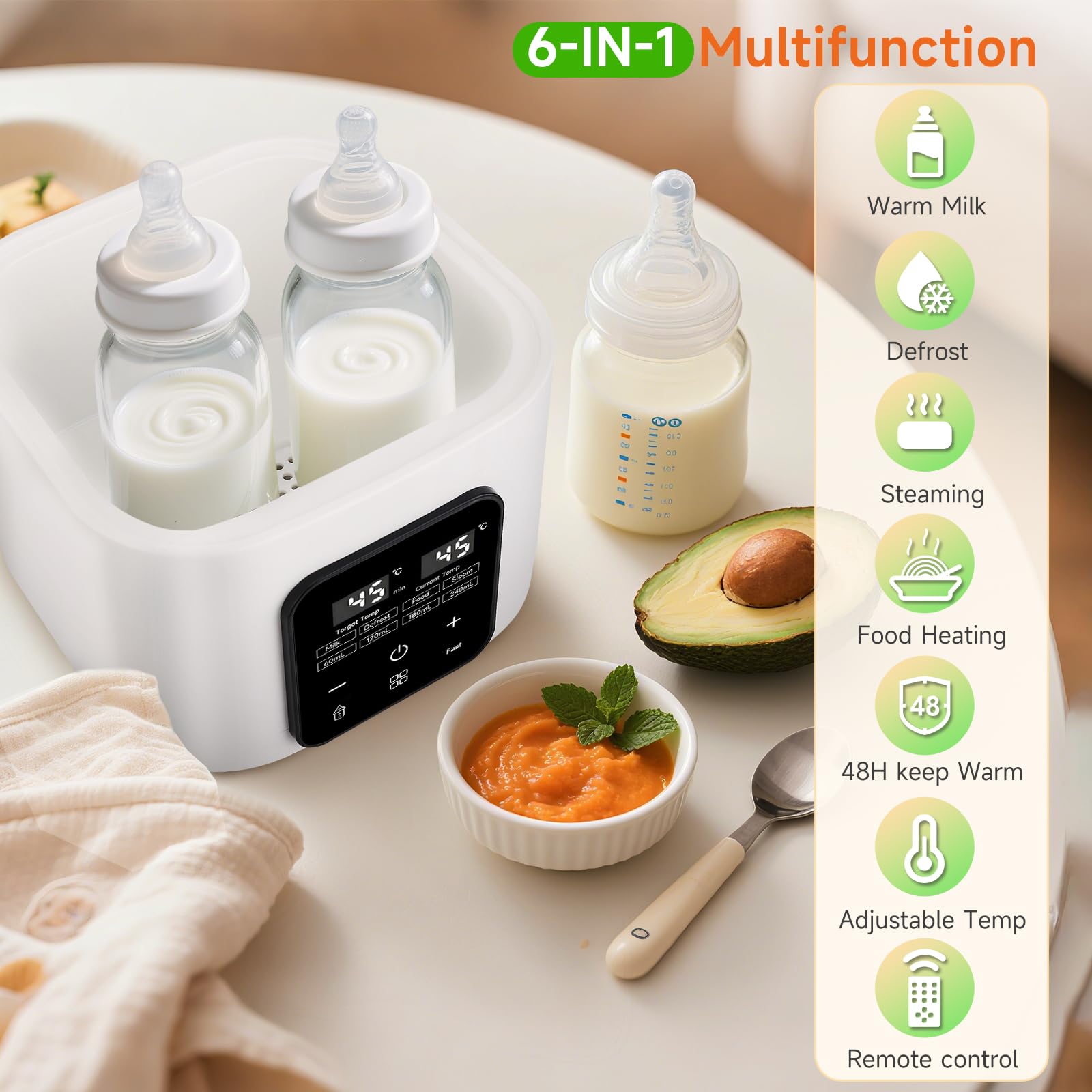 Calentador de biberones, esterilizador de 4 biberones 6 en 1 con pantalla LCD, calentamiento rápido y descongelación para leche materna o fórmula, control inteligente de temperatura de 48 horas, luz