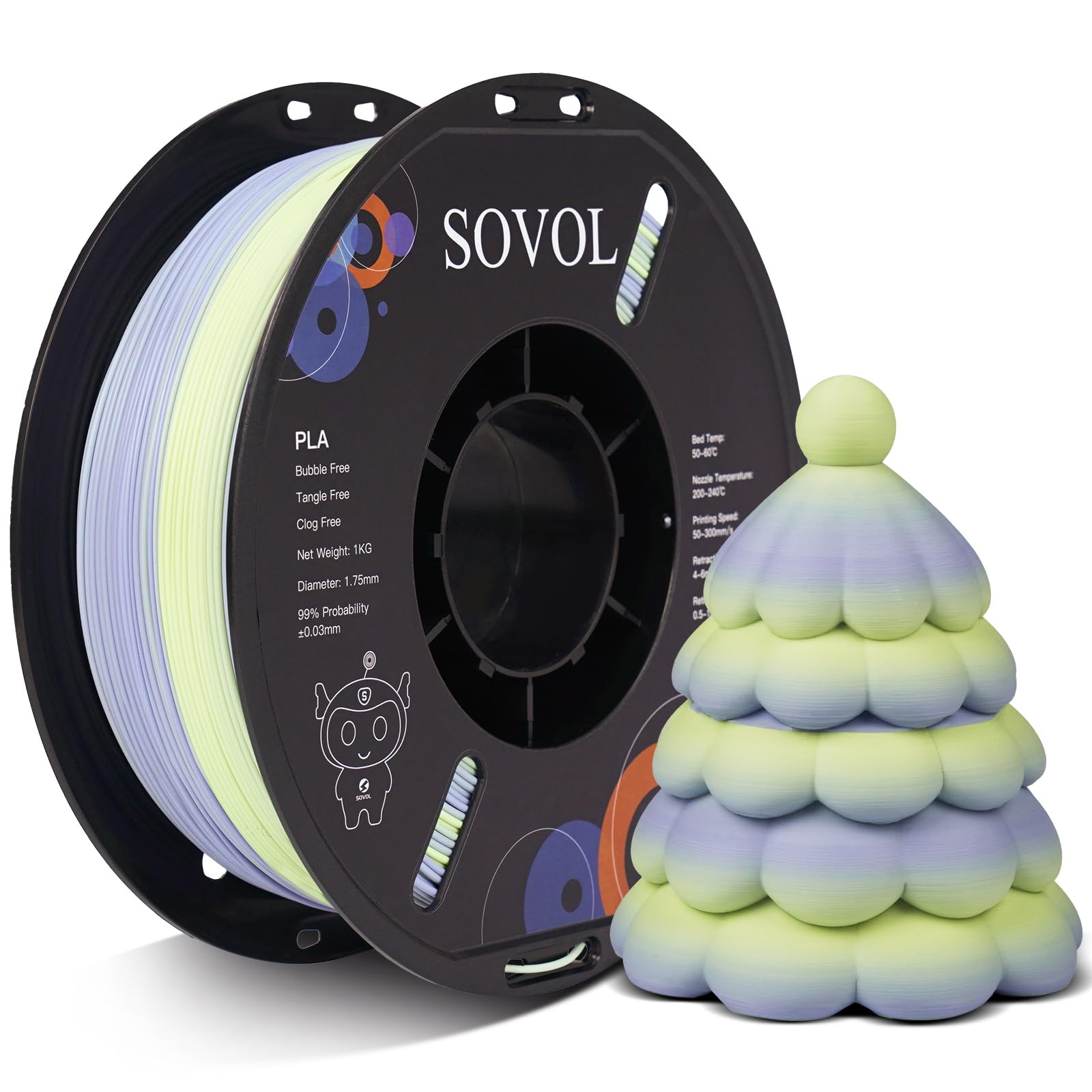 Sovol Matte Dual Color PLA Filament 1.75mm, Matte Gradient HellgelbLila Regenbogen Mehrfarbig 3D Drucker Filament,Multicolor PLA 1kg (2,2LBS)/Spule