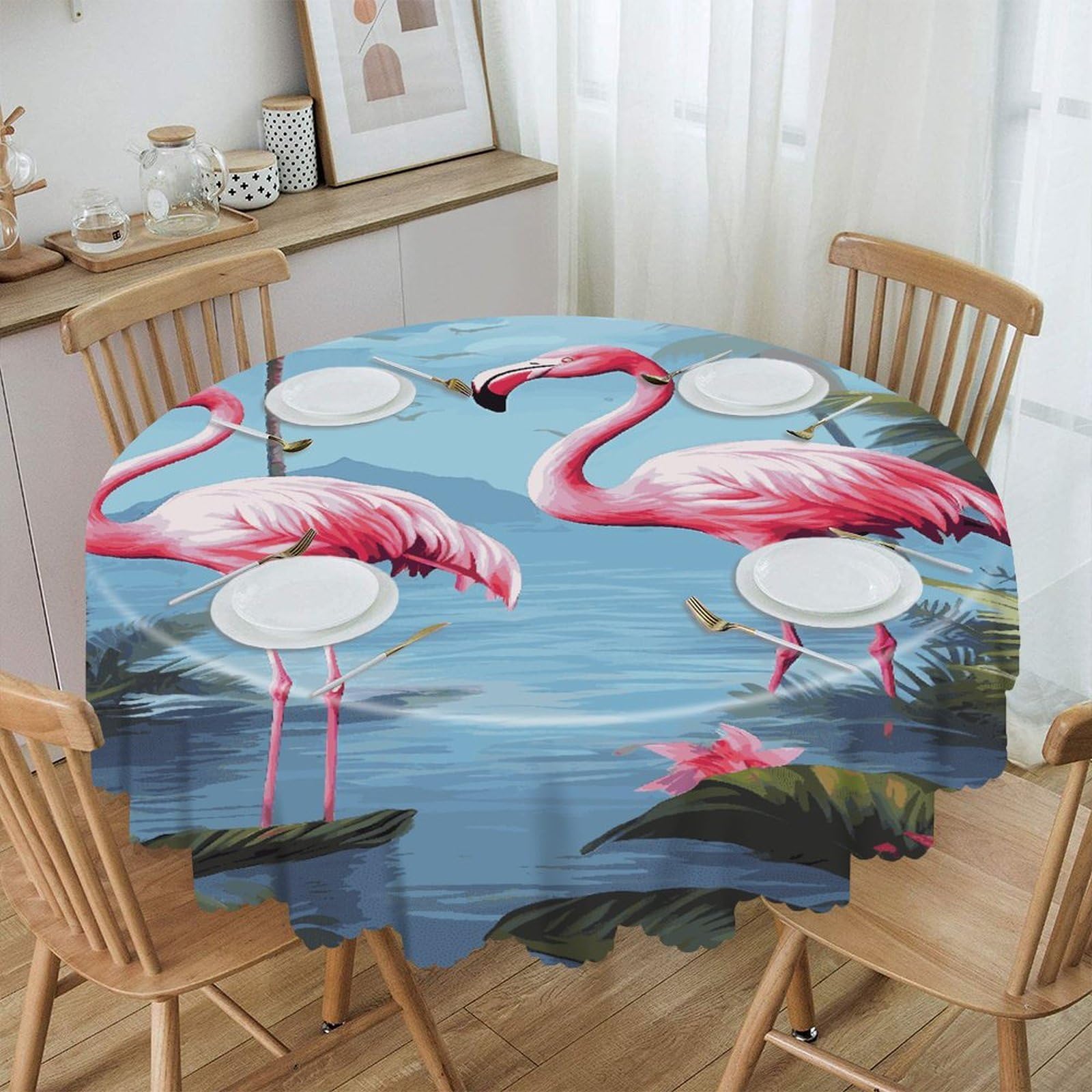 VstaDank Tropical Flamingos Round Tablecloth 60 Inch Easy to Clean Circle Table Cover Thick Decorative Round Polyester Table Cloth for Dining Kitchen Party Farmhouse Outdoor