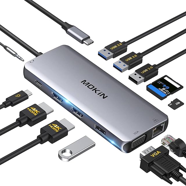USB C Docking Station, 12 in 1 Laptop Docking Station Dual Monitor USB C Hub to Dual HDMI Adapter with VGA, Ethernet, PD, 4 USB, SD/TF Card Reader for Surface/Dell