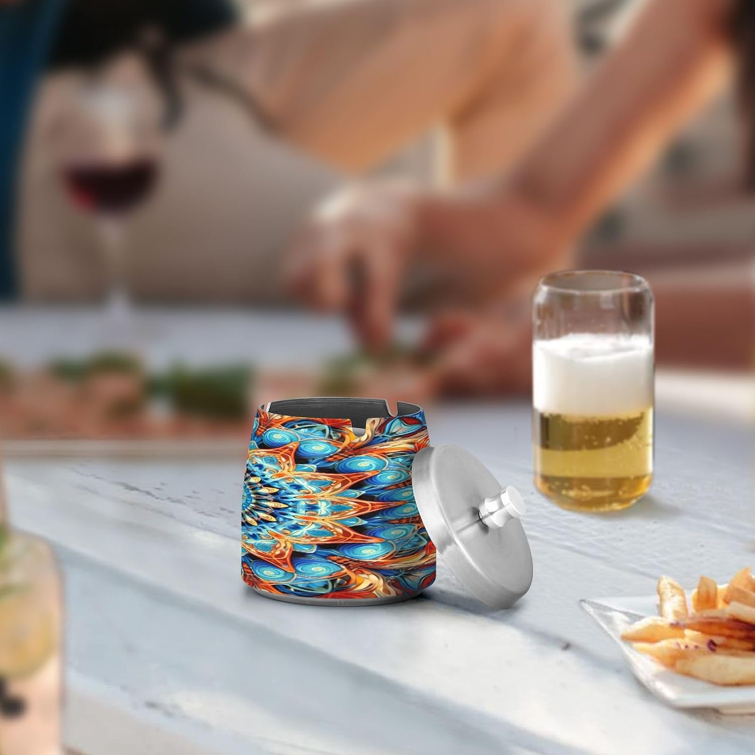 Blue Orange Mandala Ashtray with Lid, Stainless Steel Windproof Smokeless Odorless Metal Tabletop Ash Tray for Outdoor Indoor Home Office Patio Balcony Decoration