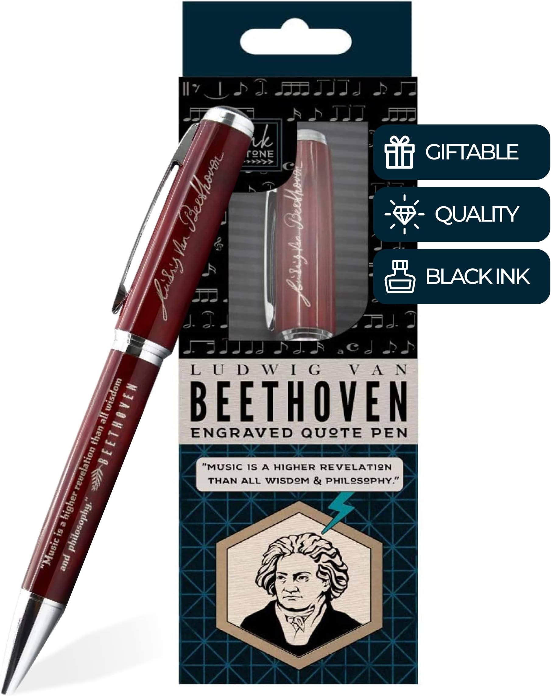 Inkstone Beethoven Engraved Quote Pen - Music is a Higher Revelation than all Wisdom and Philosophy - Classical Music Appreciation Gifts for Musicians Music Teachers