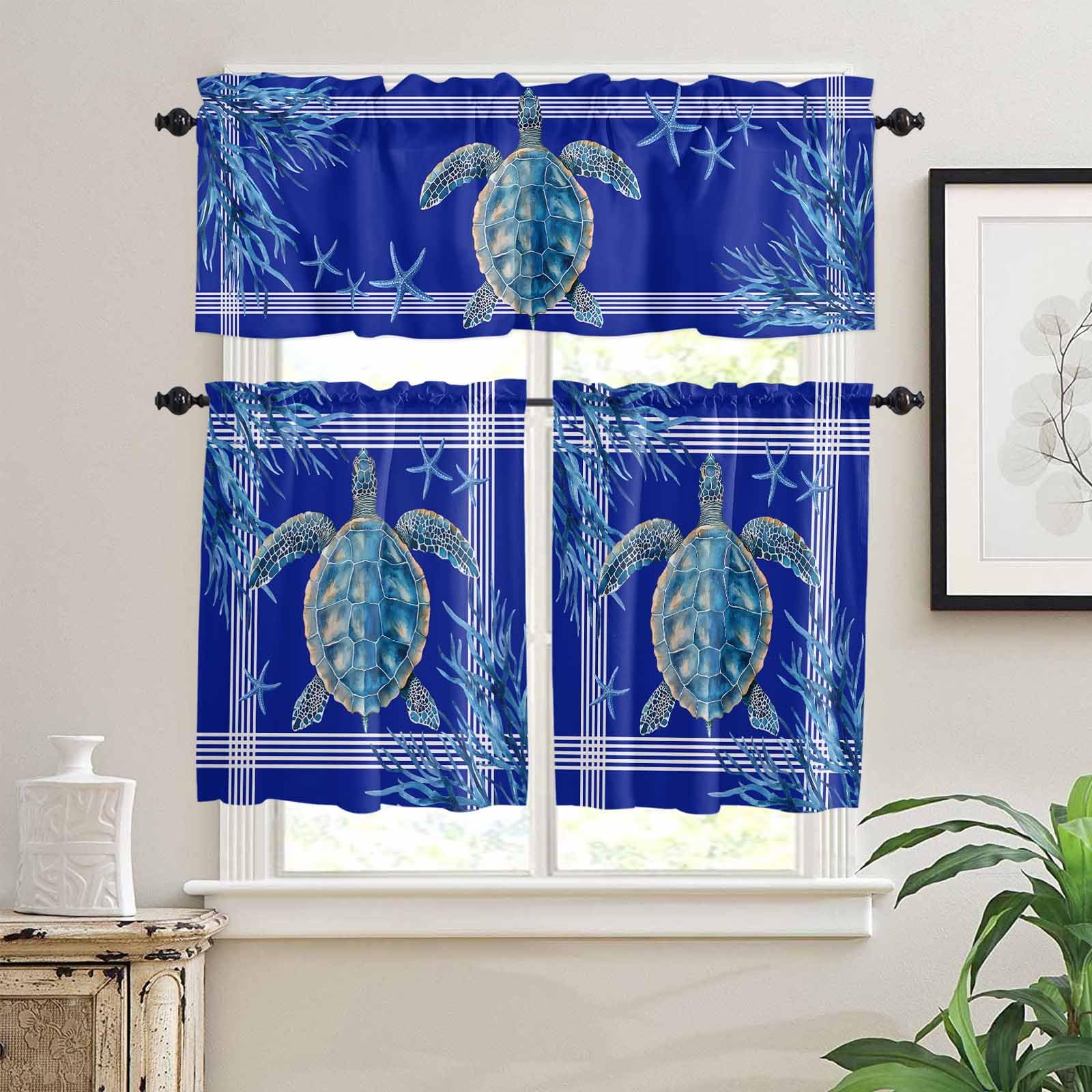 Turtle Navy Blue Kitchen Curtains 36 Inch Length,3 Piece Rod Pocket Small Half Tiers and Valance Set,Coastal Starfish Coral Ocean Stripes Small Large Window Treatment Decor for Bedroom/Bathroom Sink