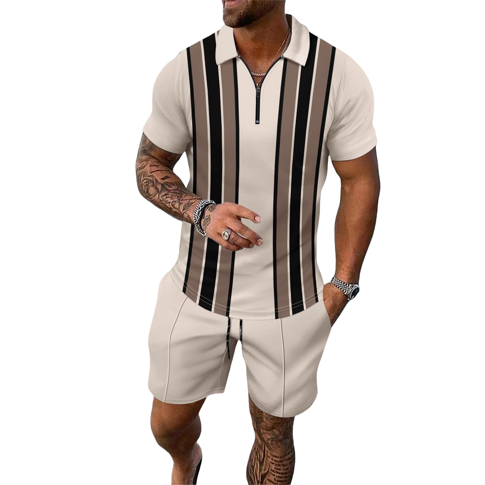 JUDFPIE Men's shorts suit two-piece polo shirt fashion summer sports casual suit men's 1/4 zipper short sleeve