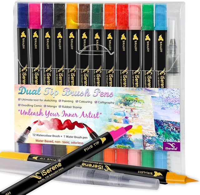 iSerene Watercolour Dual Felt Tip Pen Set 12 + 1 Blending Pen  Brush & Fine Tip Colouring Marker for Calligraphy, Journaling, Comic for Kids & Adults