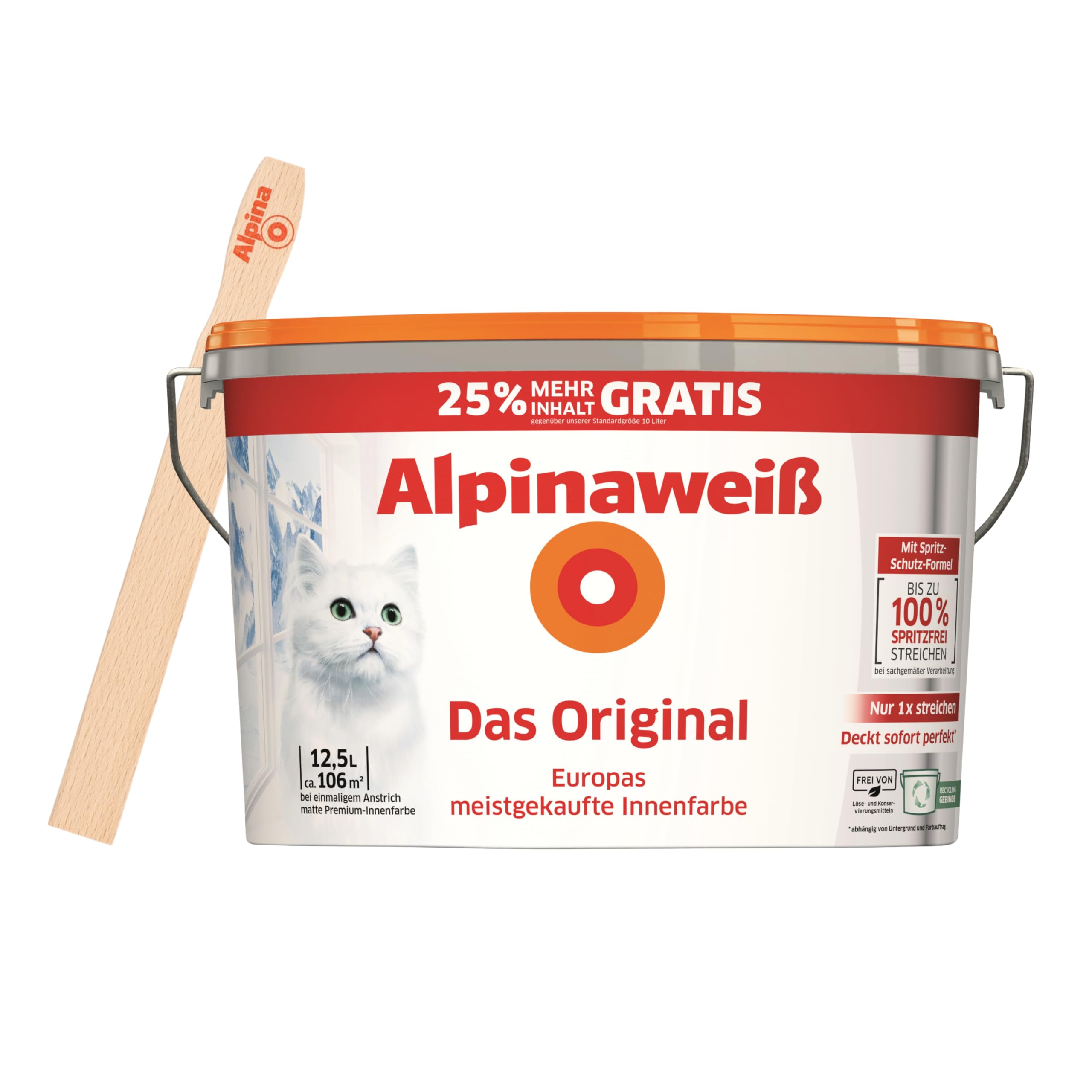 Alpinaweiß Das Original – optimal deckende und ergiebige weiße Wandfarbe – mit Spritz-Schutz-Formel – 12,5 Liter inkl. gratis Rührholz