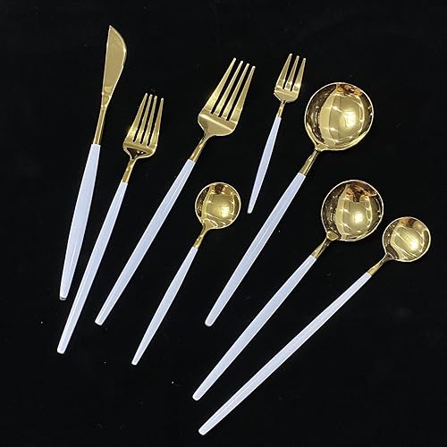 Miniatura 5 de Gugrida Cubiertos de oro blanco pulido brillante, diseño ligero, 36 piezas de acero inoxidable, juego de cubiertos para 6 incluyendo tenedores,