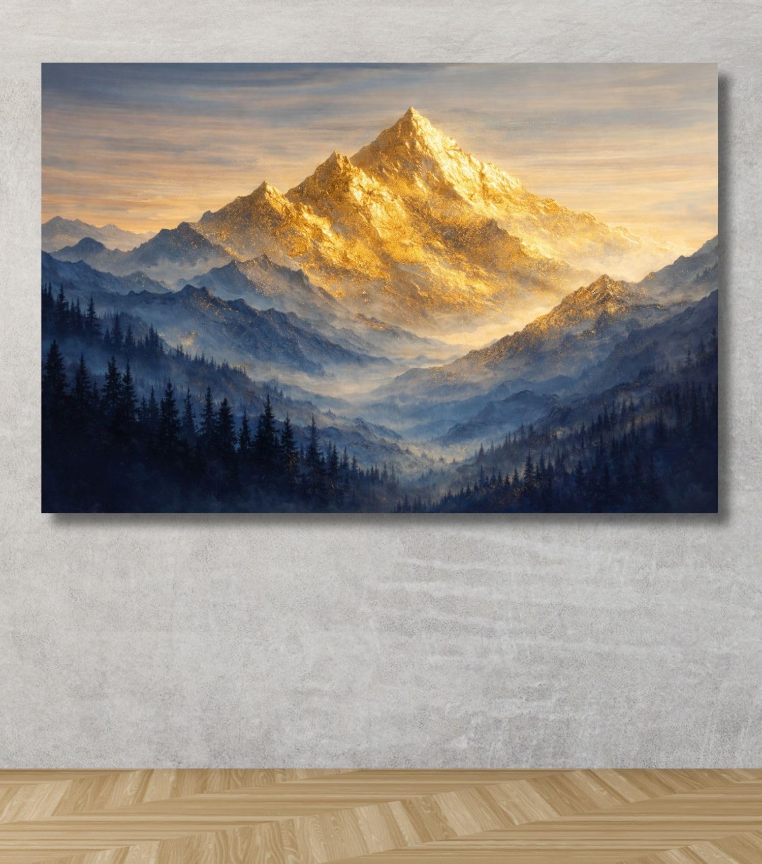 KUNJ CART Gold Mountain Painting Vastu with Frame | Golden Mountain Painting Vastu Featuring Shining Summit | Soft Sunset Light, Misty Valley Layers, Deep Forest View, Mountain Landscape Painting for Elegant Wall Decor (36x24 Inch, Unframed - LARGE)-image-11