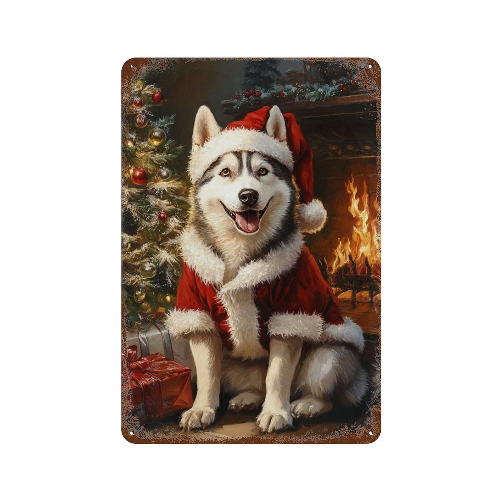 Aged Metal Wall Plaque with Christmas Siberian Husky Portrait Design 11.8"x7.9", for Shed, Workshop And Garage Wall Decor, Decorative Metal Wall Art