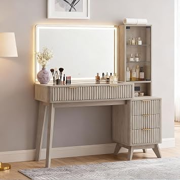 RedLemon 48" Fluted Vanity Desk with 36" Large HD Mirror and Lights, Modern Wood Glass Tabletop Makeup Table with Adjustable Storage Shelves, 5 Drawers, Charging Station for Bedroom, Alder White