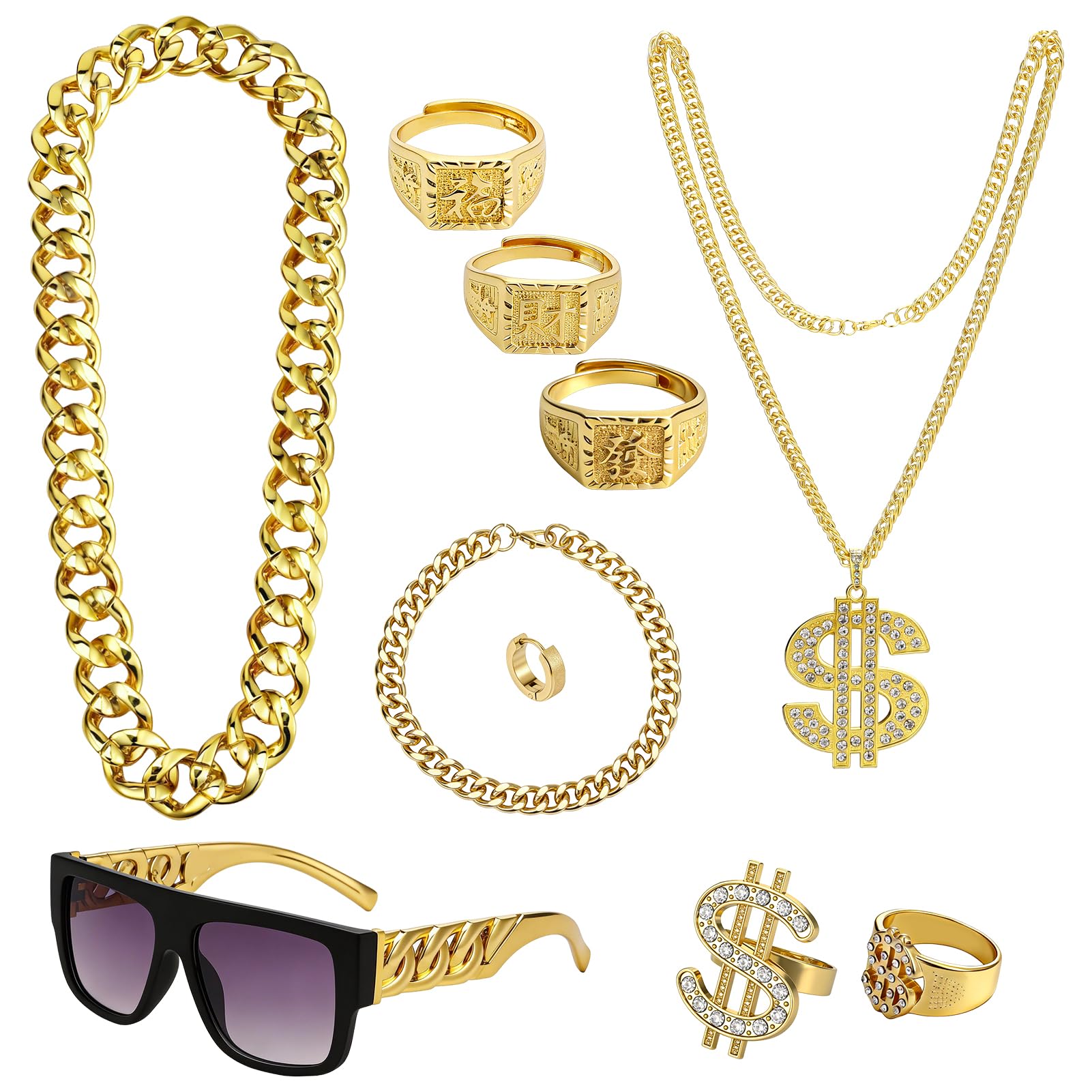GSrenyu 10 Pcs Hip Hop Costume Accessories, Rapper Costume 80s 90s Fancy Dress Accessories Fake Gold Chain Bracelet Rings Earrings Hippie Glasses for Hippie Rapper Disco Outfit Men Women