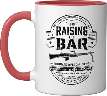 M1918 BAR WWII Vintage Label "RAISING THE BAR" Graphic Ceramic Mug, Red/White