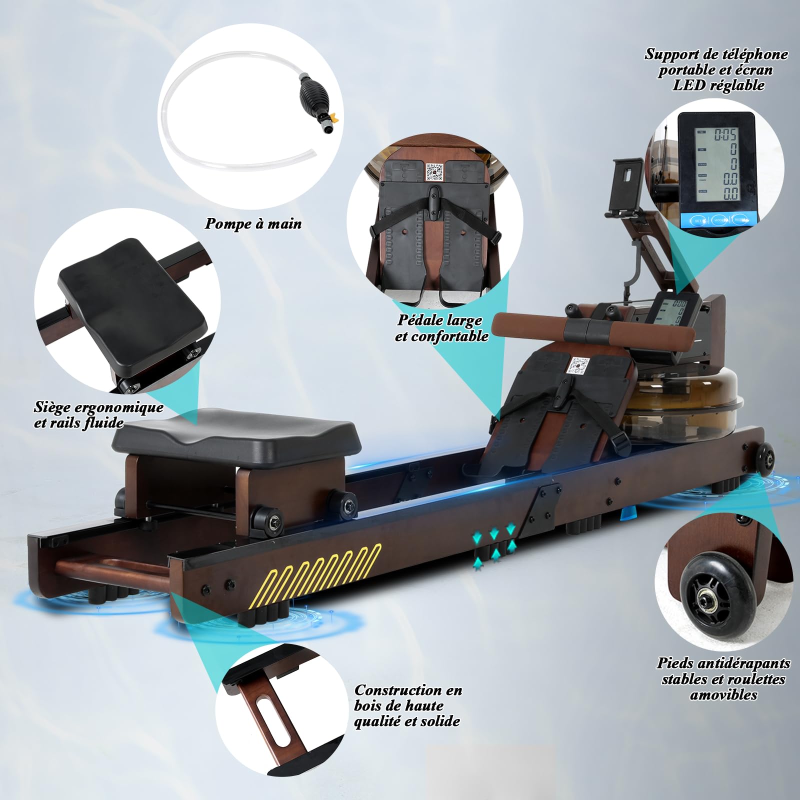ISE Rameur Pliable à Eau Fitness, Rameur d'Appartement Pliable Maison/Bureau, avec Pompe à Eau, Niveau Résistance 30KG Maxi, Écran LCD, Siège Réglable, Water Rowing Machine Roue Transport Rail Lisse