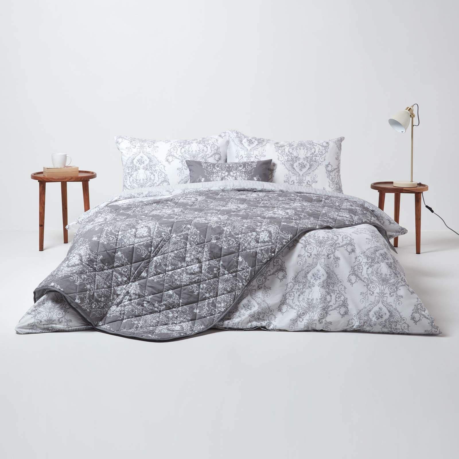 Homescapes Grey Luxury Toile Throw & White French Damask Style Reversible Stripe Pattern Diamond Quilted Bedspread, 200 X 200 Cm