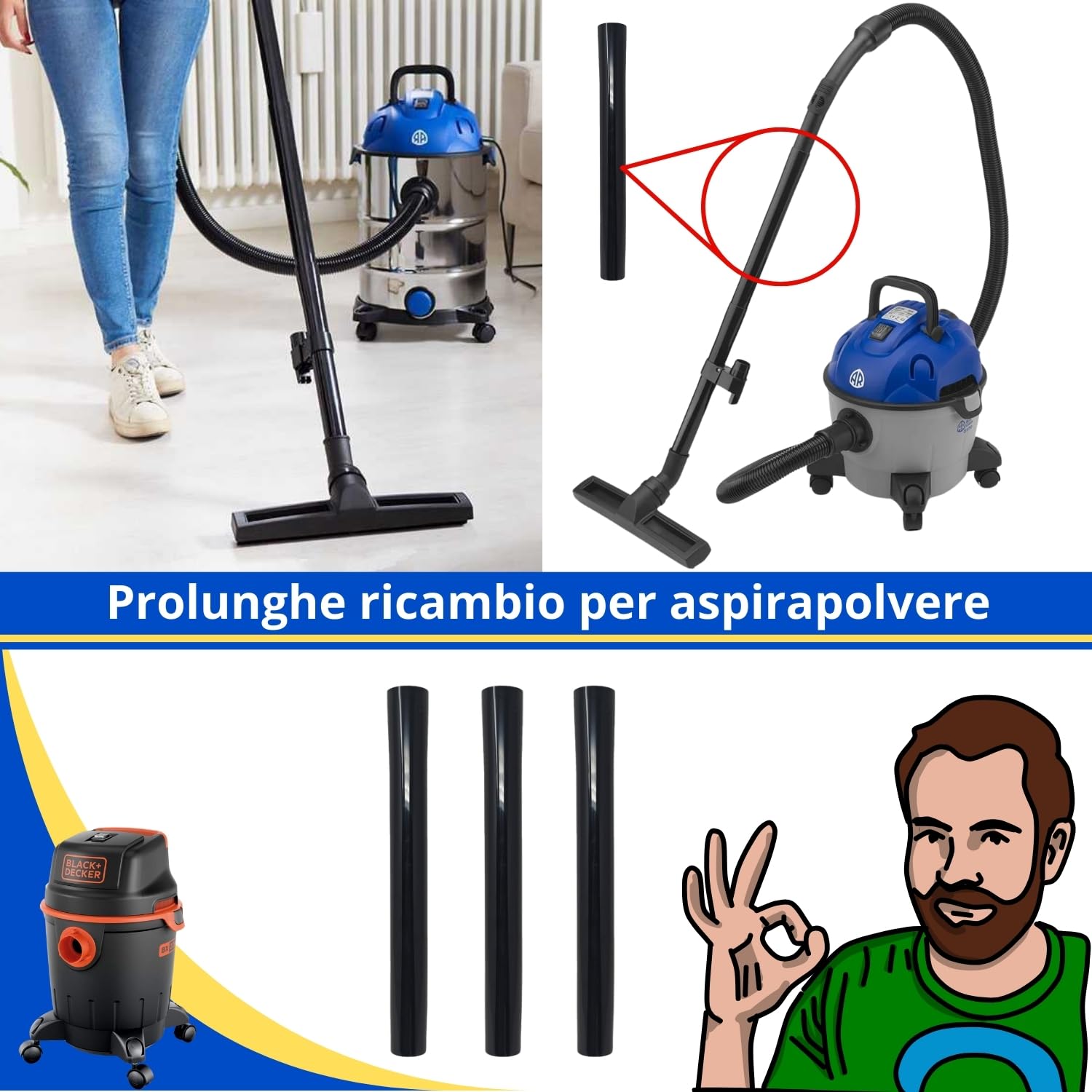 Parpyon® Ricambi e Accessori per aspirapolvere Black Decker - Annovi Reverberi AR, Tubo, aspirapolvere filtro, spazzola (Kit 3pz prolunga)