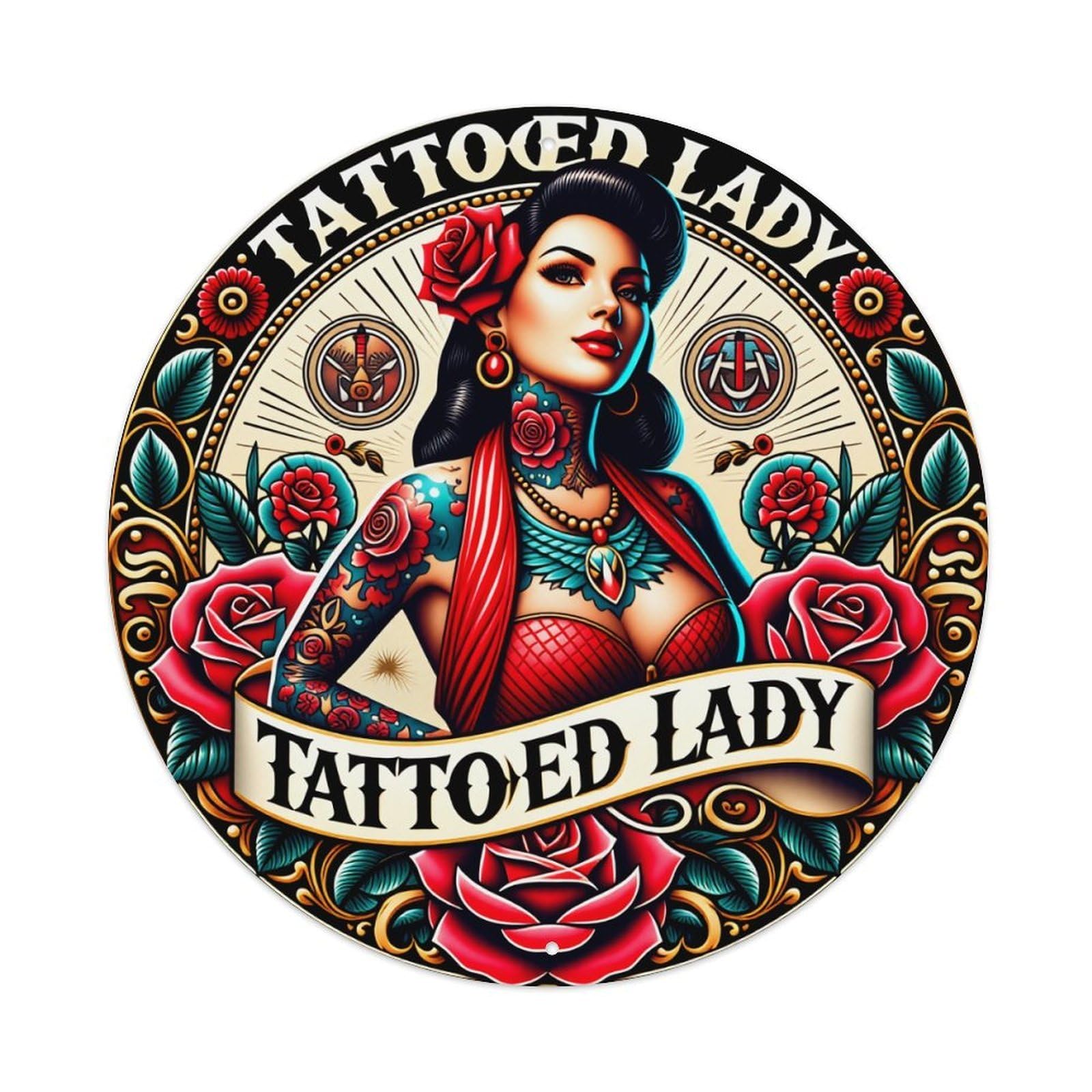 Tattooed Lady Rose Floral Design Vintage Metal Tin Sign Retro Wall Decor for Home Bar Garage Cafe, Indoor & Outdoor Decorative，circle Metal Poster, 8x8 Inch