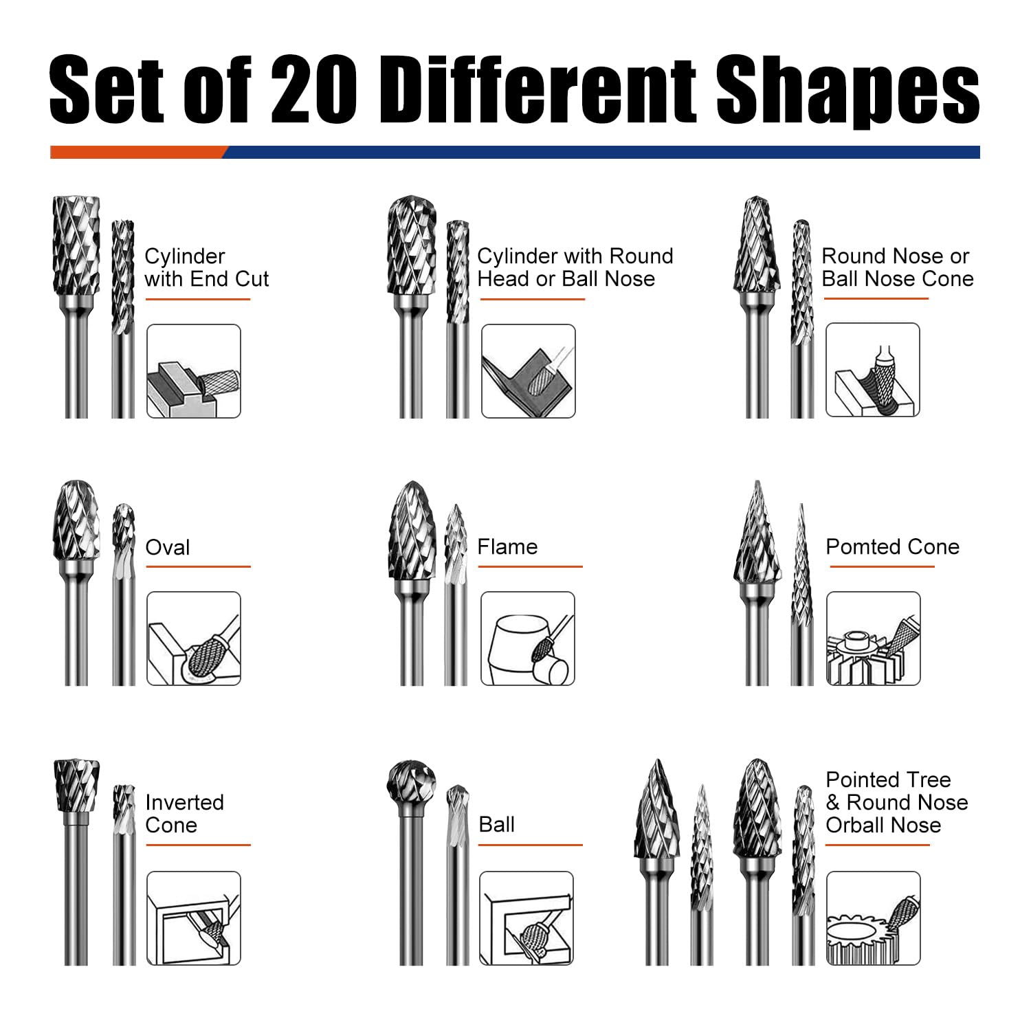 20Pcs Carbide Burr Bits Set Compatible with Dremel Milwaukee 1/8", Rotary Tool Bits with Double-Cut Design, Die Grinder Bits Accessories for Metal Wood Stone Steel Plastic Carving Cutting Grinding — Amazon image 3