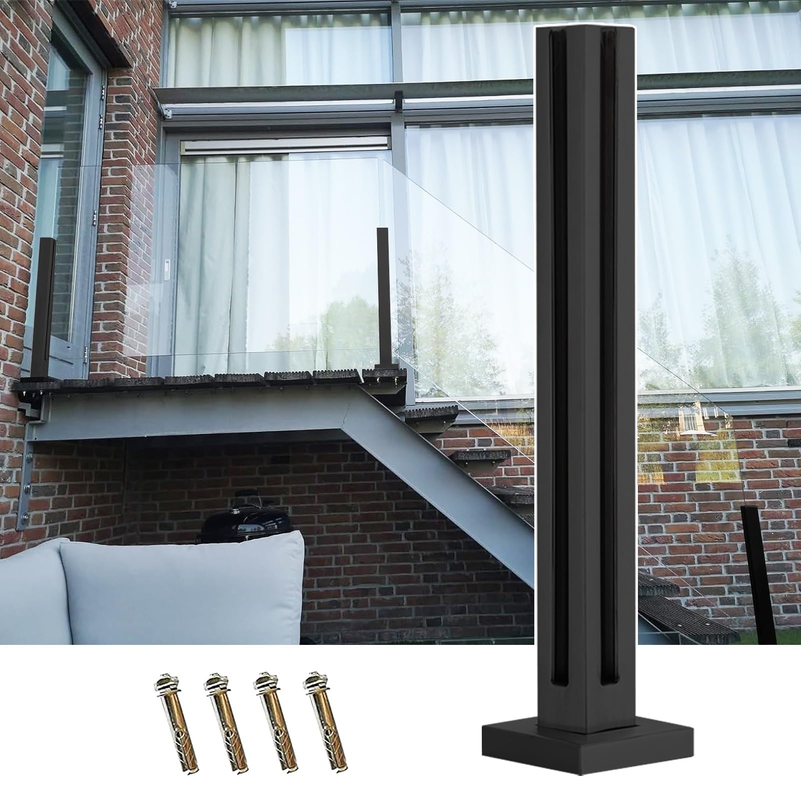 Système de balustrade en verre pour escalier extérieur avec poteau noir mat réglable