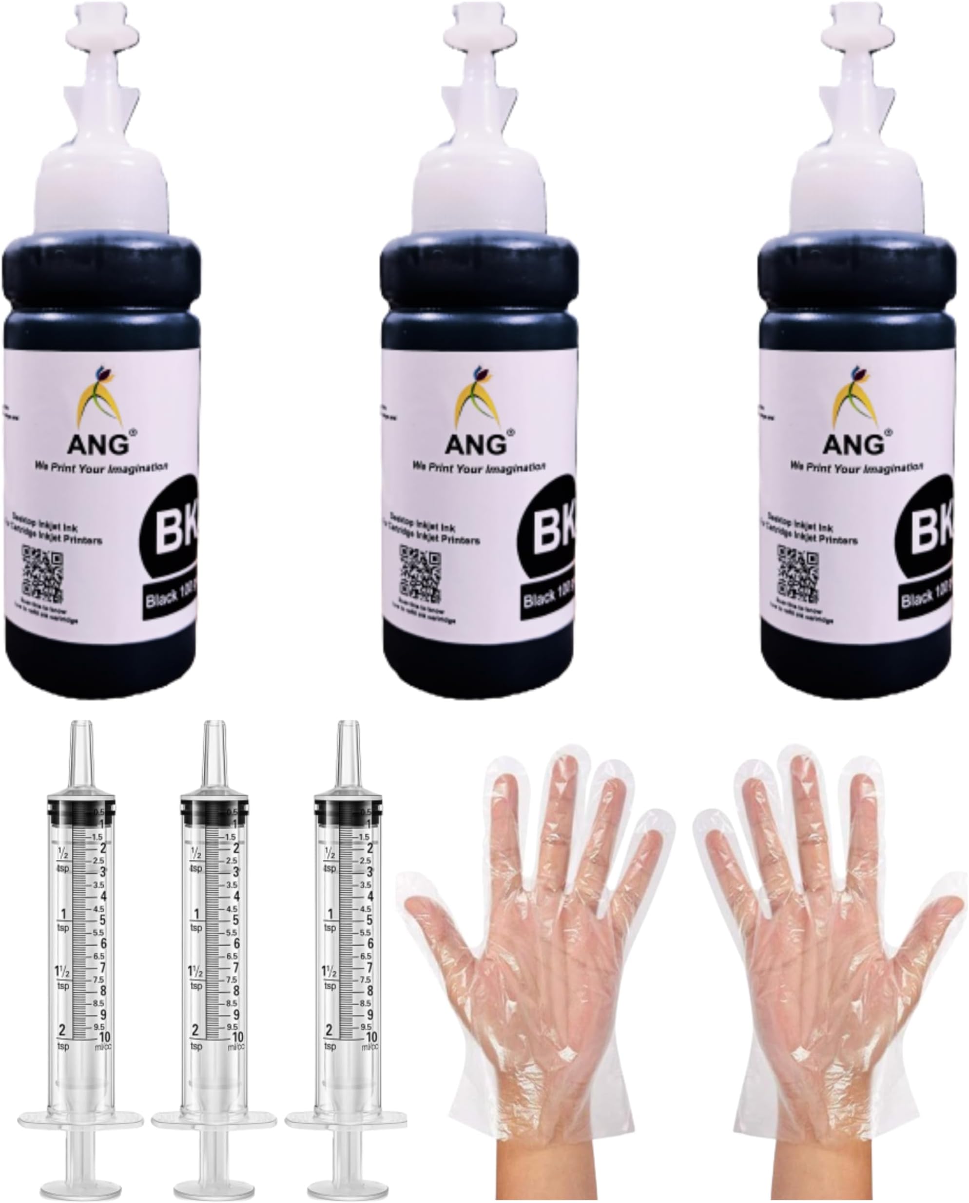 ANG Black Refill kit Combo Pack of High Yield Inkjet Cartridge Ink Refill Compatible for Printers Cartridge - 100g Per Bottle with Syringe & Gloves
