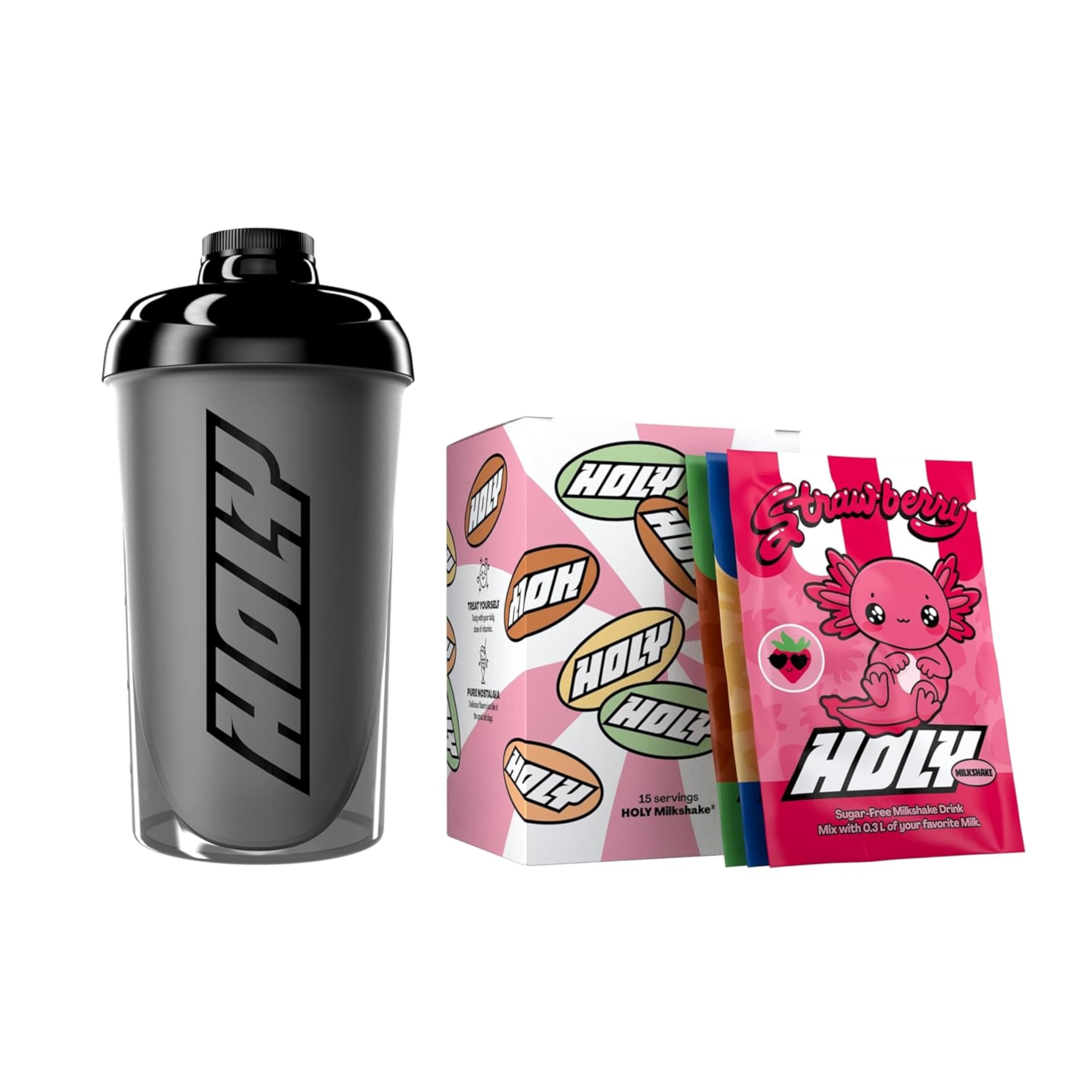 HOLY Milkshake Starter Set - 3x5 Sorten - mit Vitaminen B, C & D und 100% natürlichen Aromen – zuckerfrei, koffeinfrei & vegan – kalorienarmes Milchshake Pulver inklusive Shaker