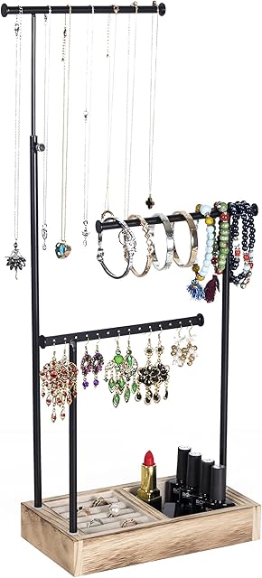 Becko Jewelry Organizer Stand Jewelry Tree Stand Jewelry Holder with Extendable Rods for Necklaces Bracelets Earrings and Rings (Black)