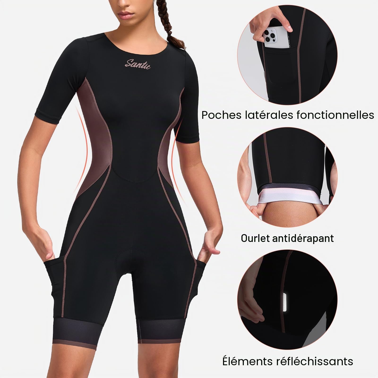 Santic Combinaison de triathlon pour femme - Rembourrée - Une pièce - Manches courtes - Séchage rapide - Perte de poids