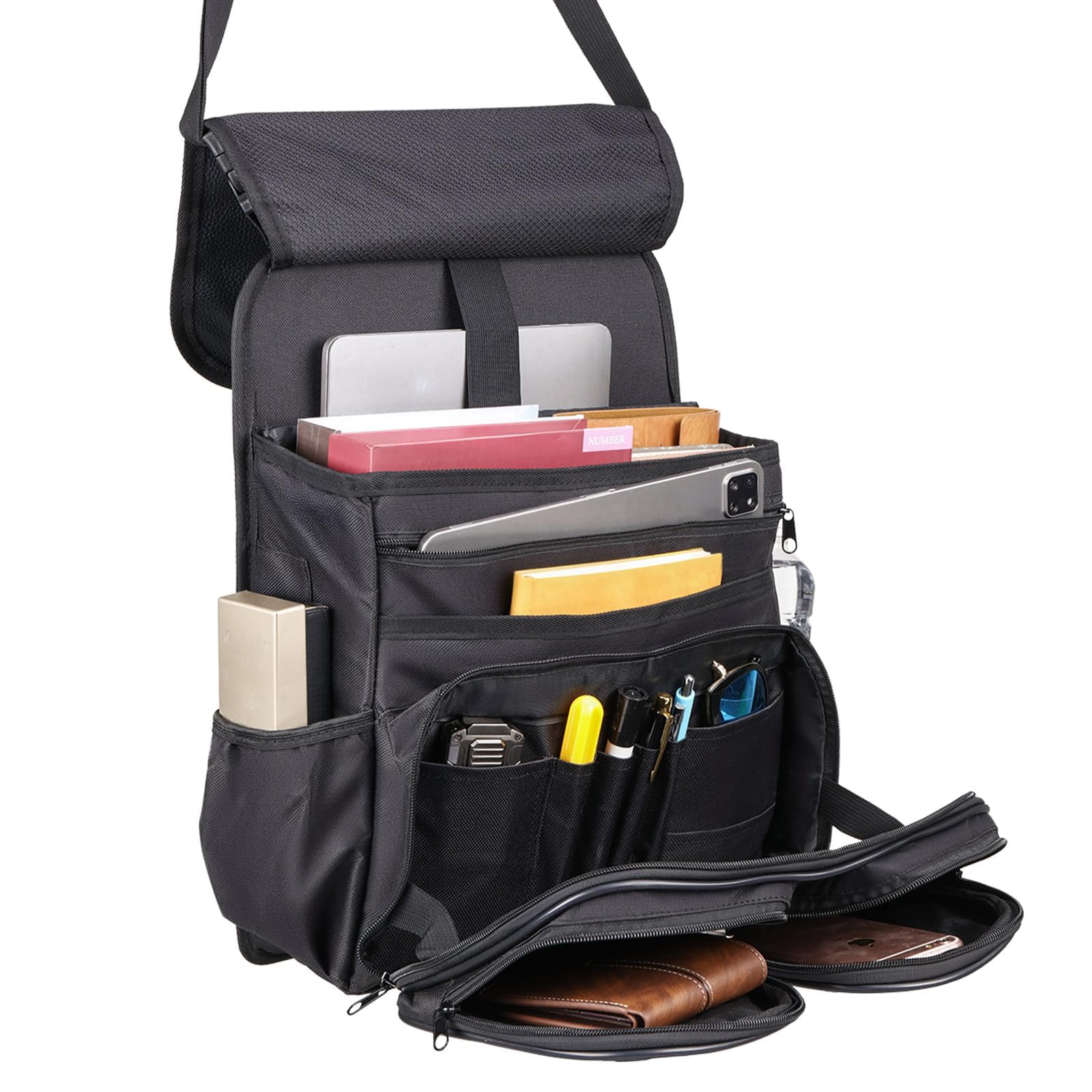 Tsumbay 2-in-1 Car Seat Organizer for Front Seat, Hanging Car Organizer with Laptop Compartment, Tablet Holder &amp; Adjustable Shoulder Strap, Heavy-Duty Oxford Leather Office Organizer for SUV,Truck,Van