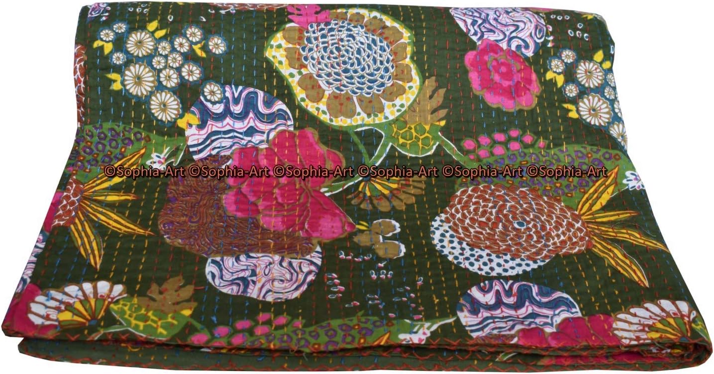 Sophia-Art Indian Tropical Print Floral Kantha Queen Gudri Handmade Quilt Vintage Fruit Print Kantha Spread Throw Cotton Blanket Bedspread 90X108 Inches (Mehndi Green)