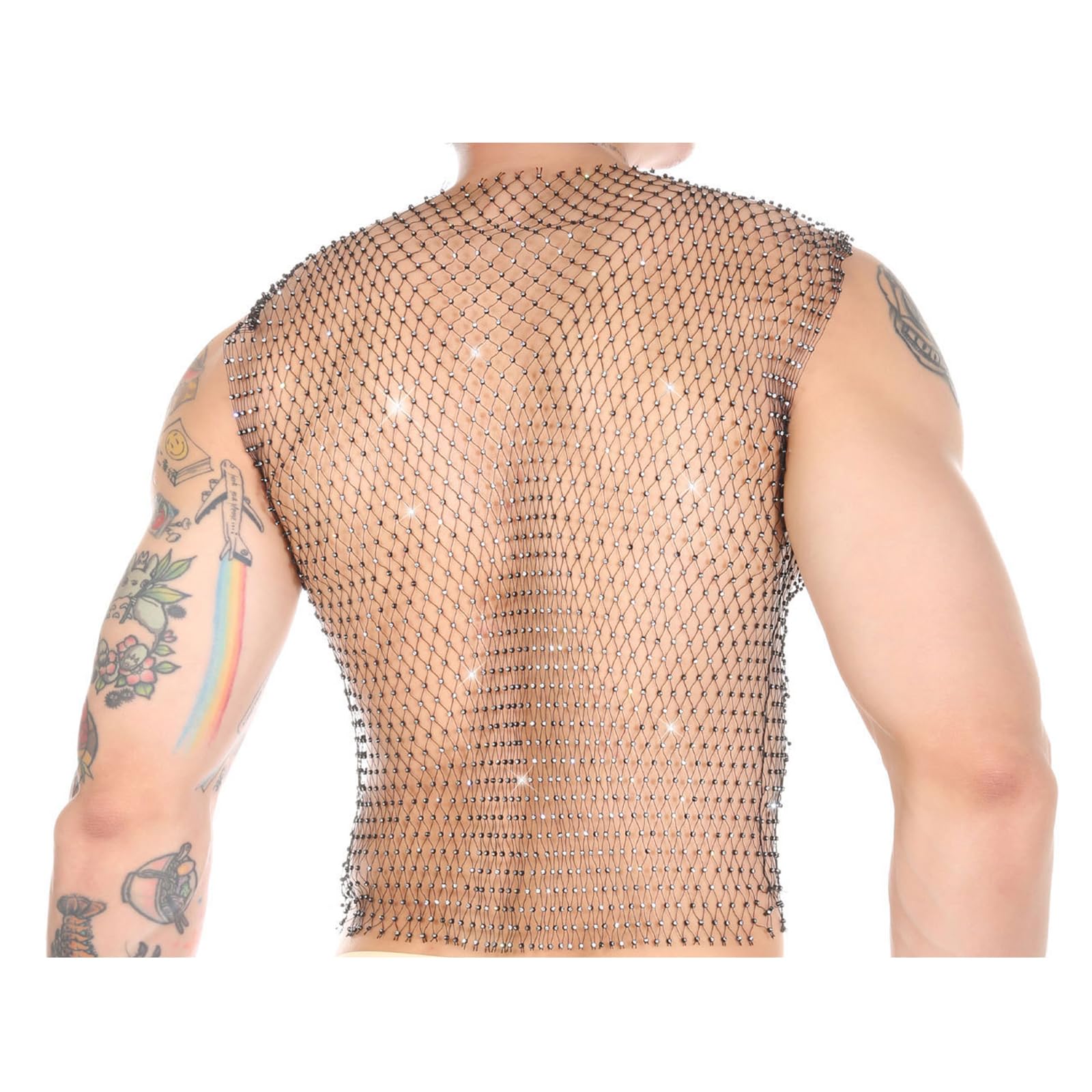 Haut en maille avec strass pour homme, débardeur sexy court rave, gilet transparent
