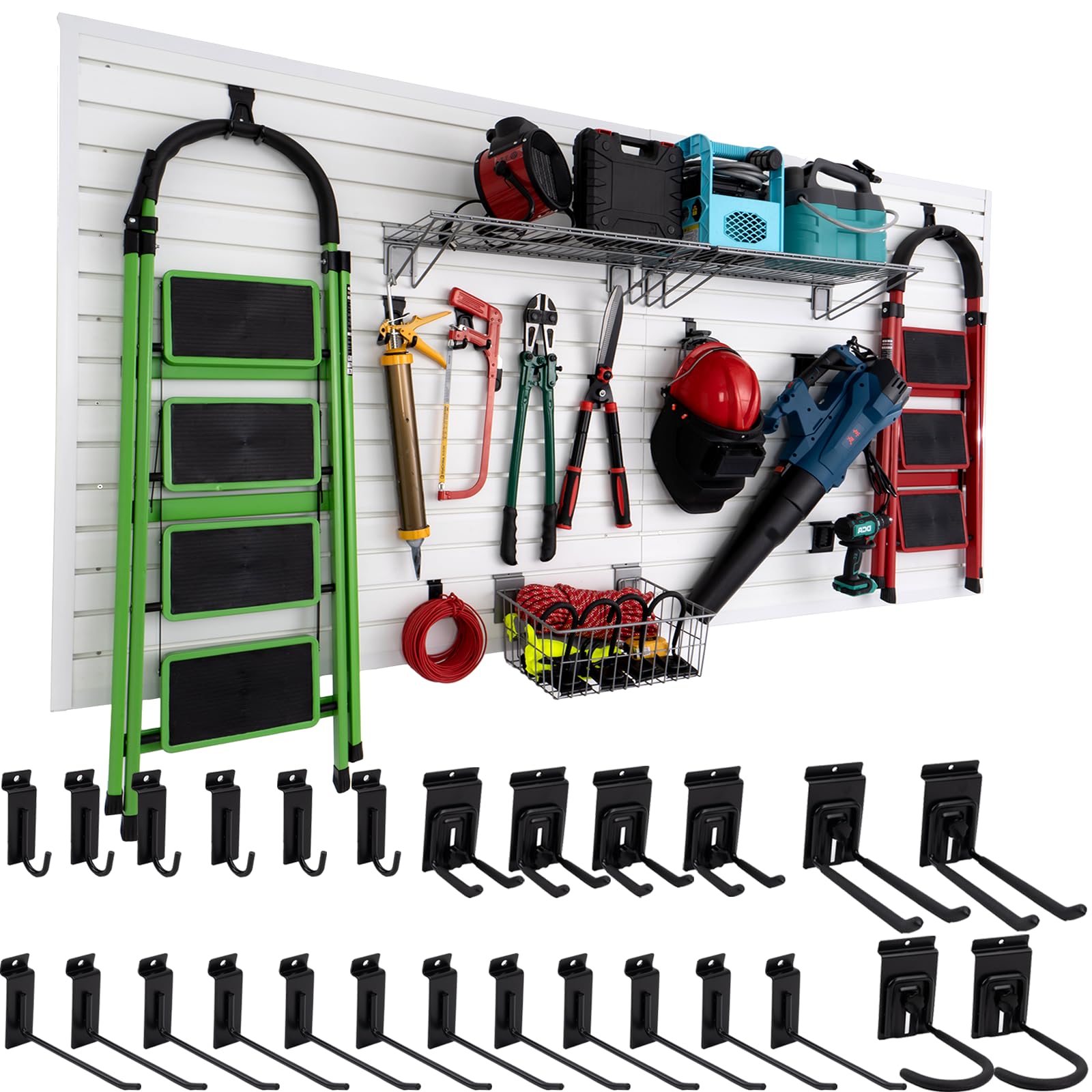 FRAYSCENT Slatwall Panel Garage Slat Wall Storage Systems with 26 Slatwall Accessories, 4'x8' PVC Black Slat Wall Paneling for Retail Display, Garage