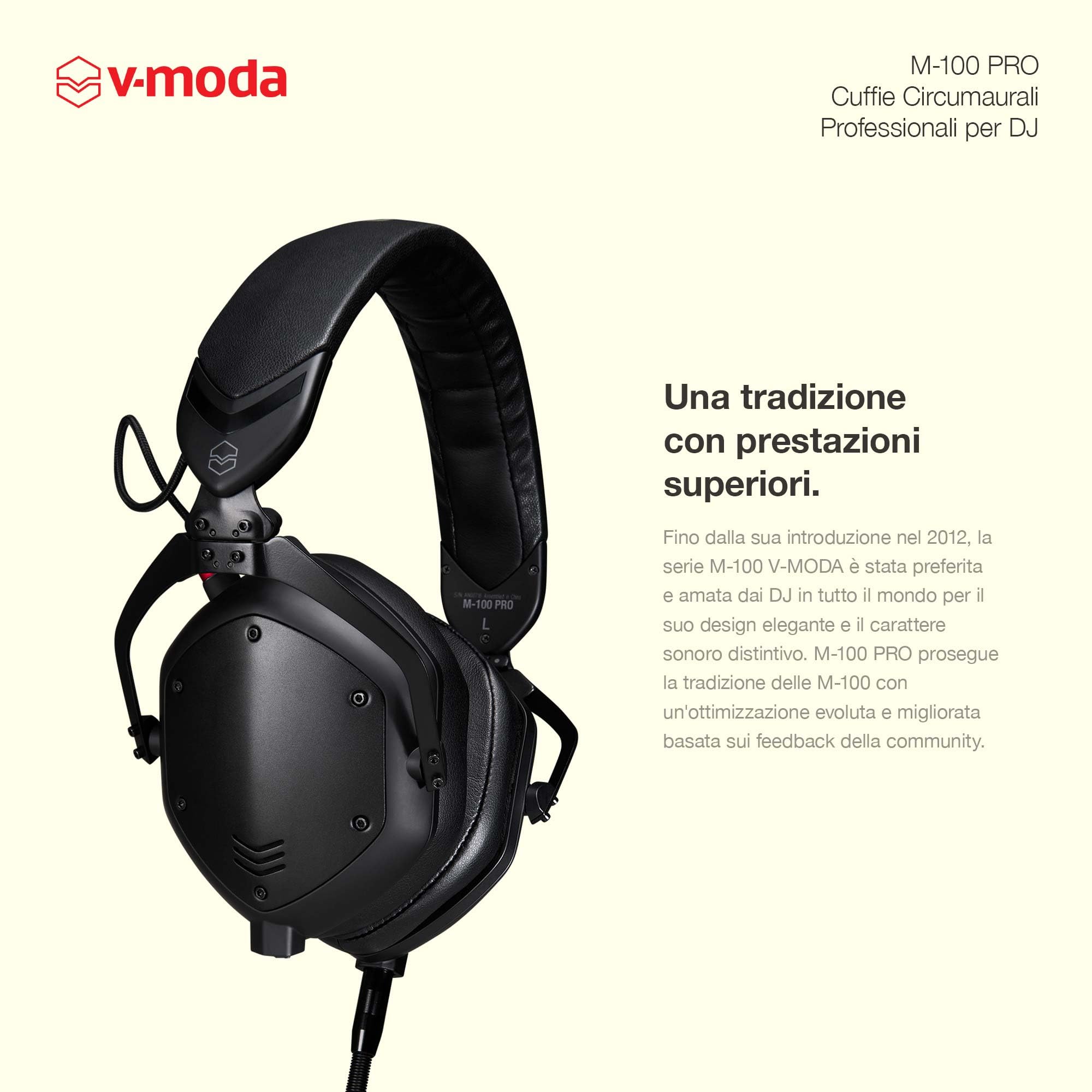 V-Moda M-100 PRO | Cuffie circumaurali professionali per DJ | Nate per i DJ pro e la musica dance | Superiore isolamento dal rumore | Ascolto con un solo orecchio | Comfort per lunghe sessioni
