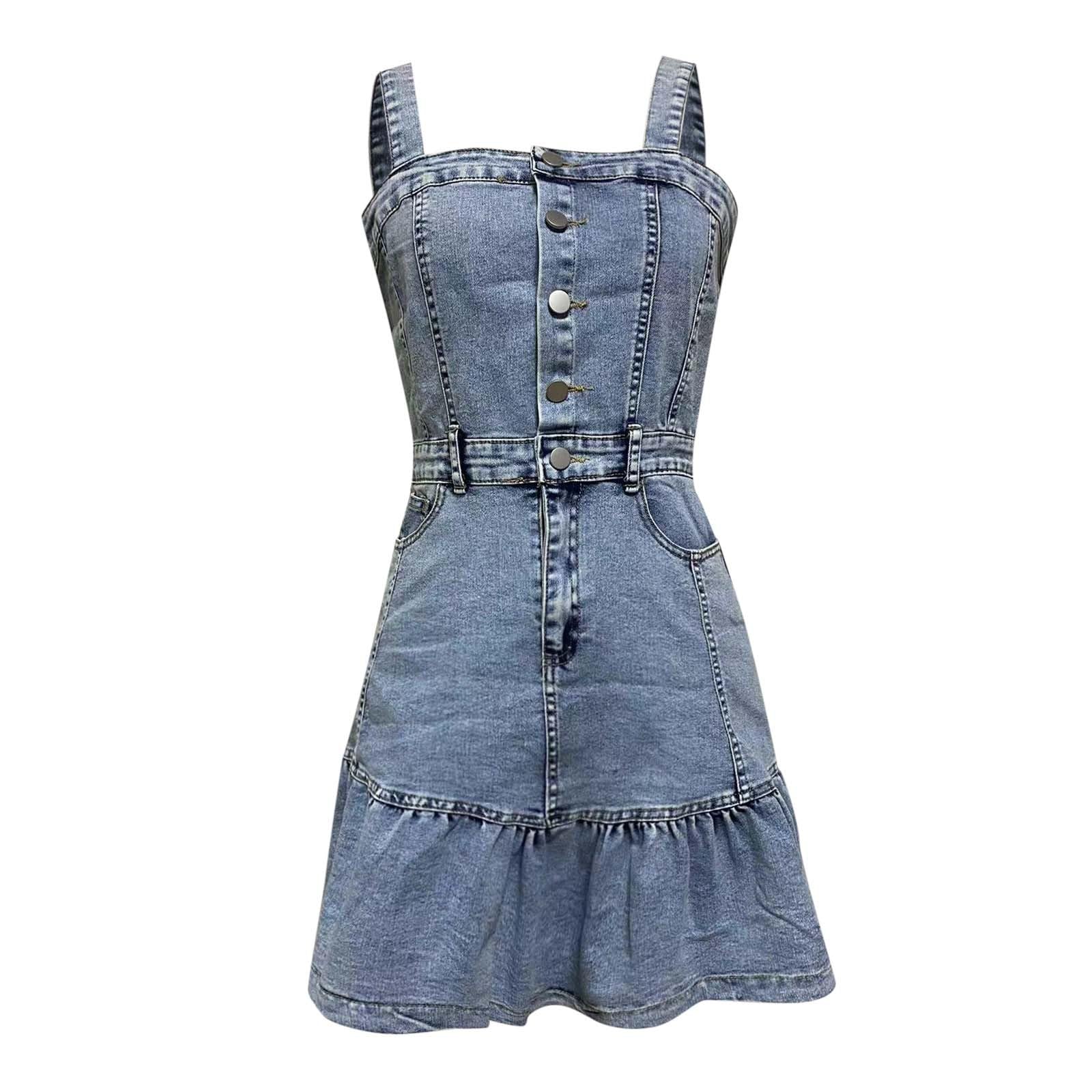 Vestido Mujer Casual Tirantes Cuello Cuadrado Vaquero Botones Tipo Tubo. Falda Mini Cute con Volantes. Vestidos Verano Mujer Moderno.