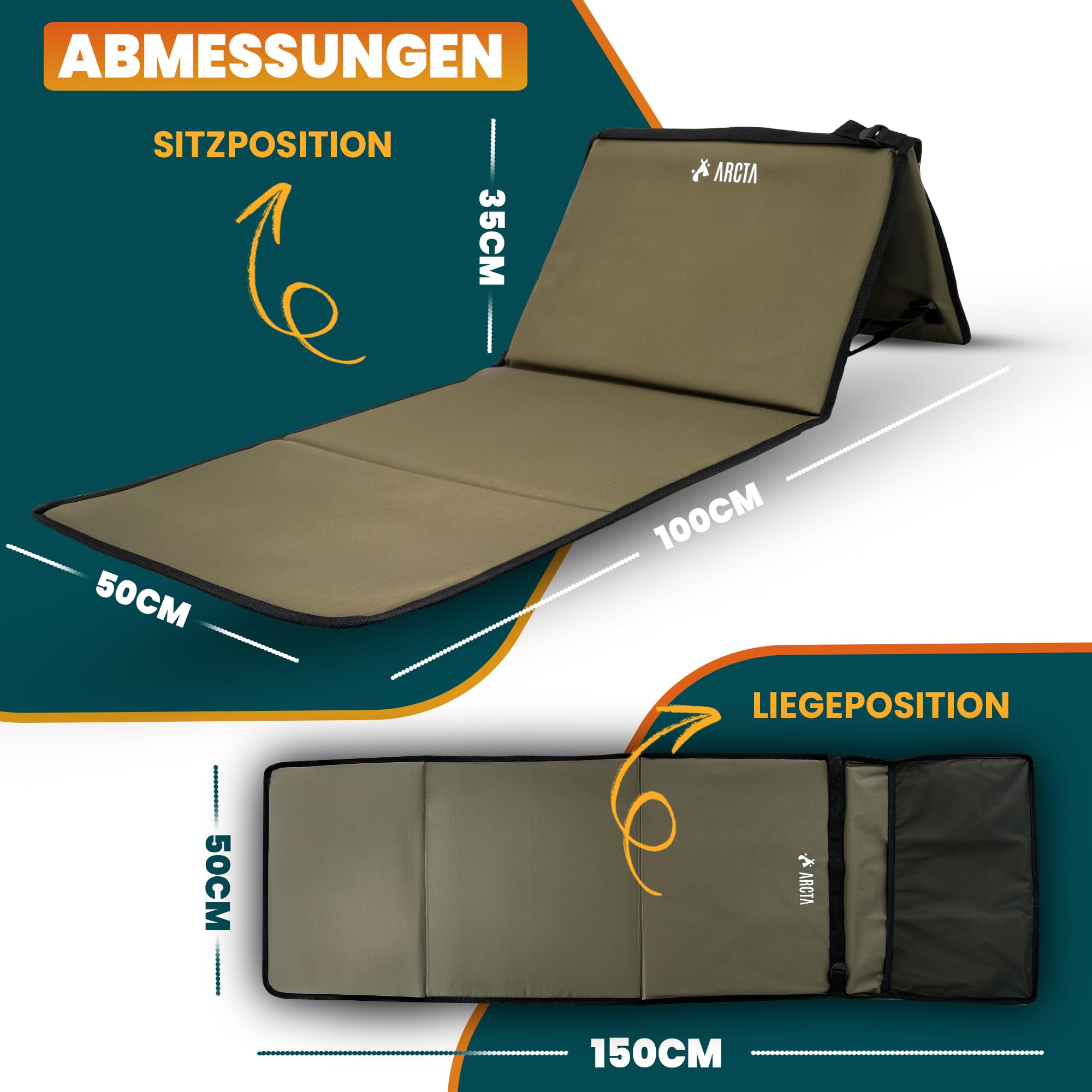 ARCTA® Campingliege faltbar leicht – Strandliege klappbar mit Rückenlehne – Ergonomische Camping Liege, Feldbett & Strandmatte – Reisebett Erwachsene, Campingbett für Outdoor & Strand