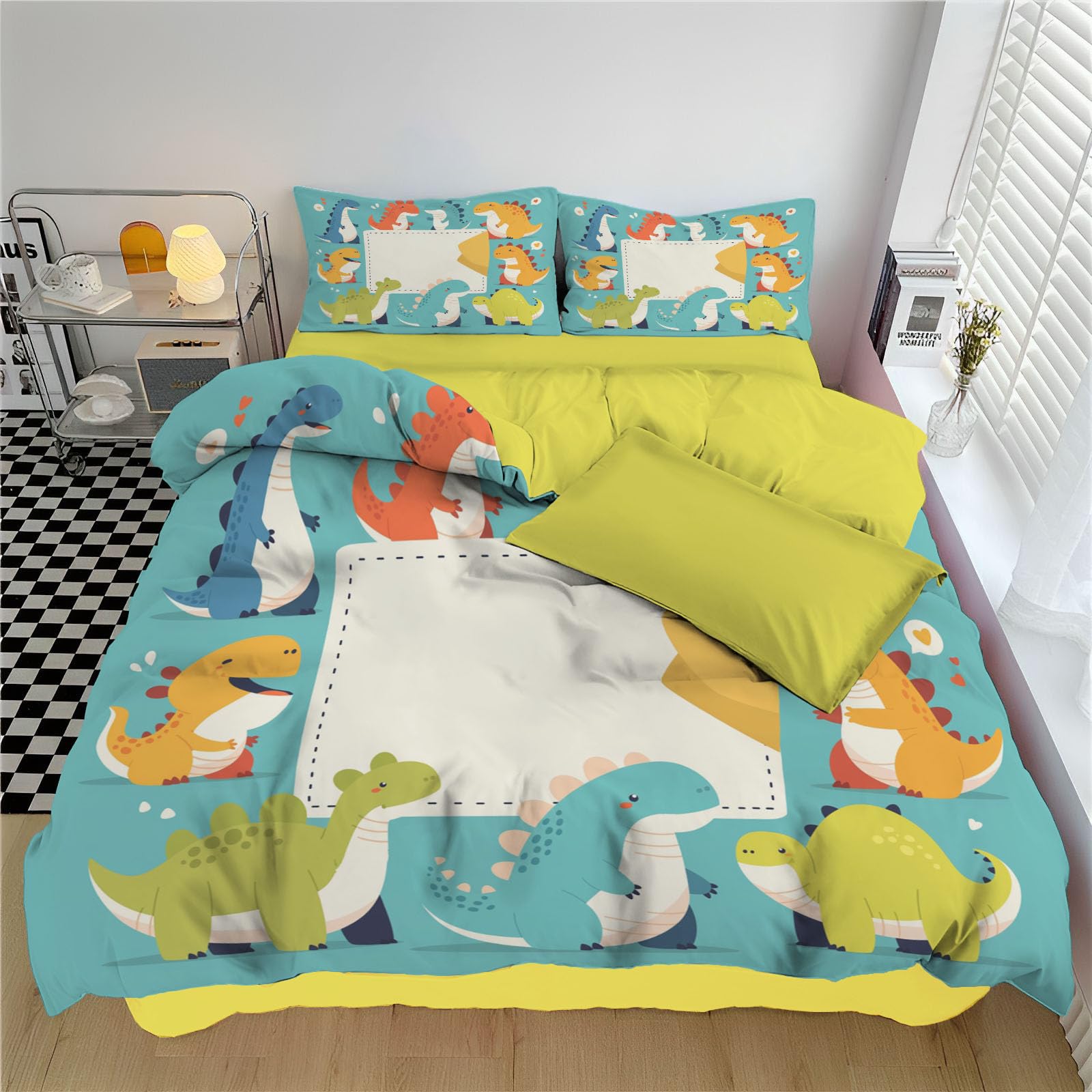 WunM Studio Reversible 3D Duvet Cover Set with Pillowcases,Soft MicrofibreDouble Sided cartoon dinosaur Bedding,Easy Care Cute cartoon dinosaur theme Quilt Cover King Double Single Sizes
