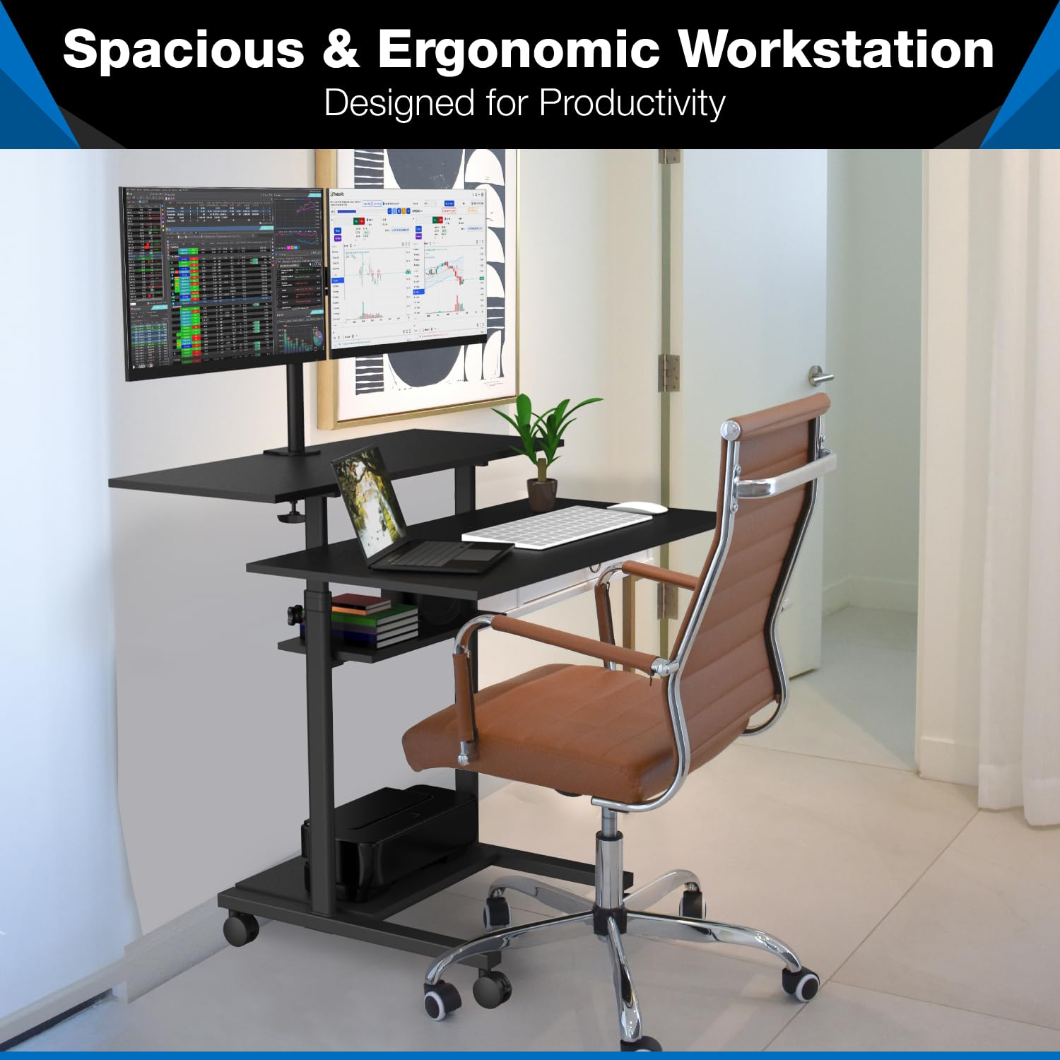 Mount-It Mobile Standing Desk with Dual Monitor Mount - 40 Inch Wide Height Adjustable Rolling Computer Workstation with — view 3