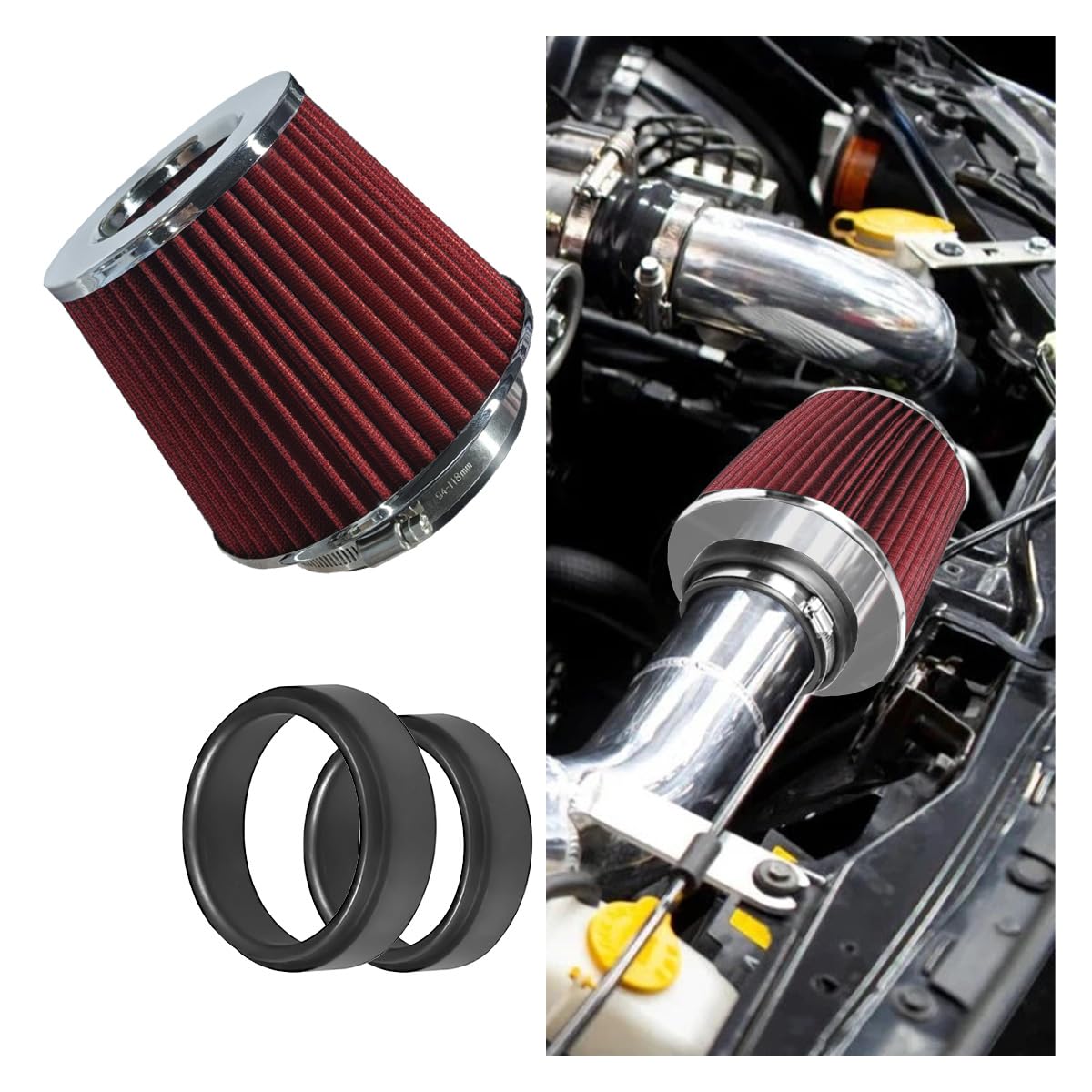 Universal Clamp-On Air Intake Filter, High Flow Closed-Top Cool Air Filter Cleaner, 76 89 102MM Performance Round Tapered Cone Air Filters, Washable Replacement Filter for Car Truck (Red)