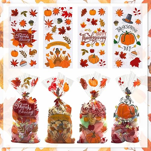 Miniatura 5 de 100 bolsas de celofán de Acción de Gracias, bolsas de celofán de otoño, calabaza, hojas de otoño, pavo, girasol, búho, bolsas de regalo, para fiesta