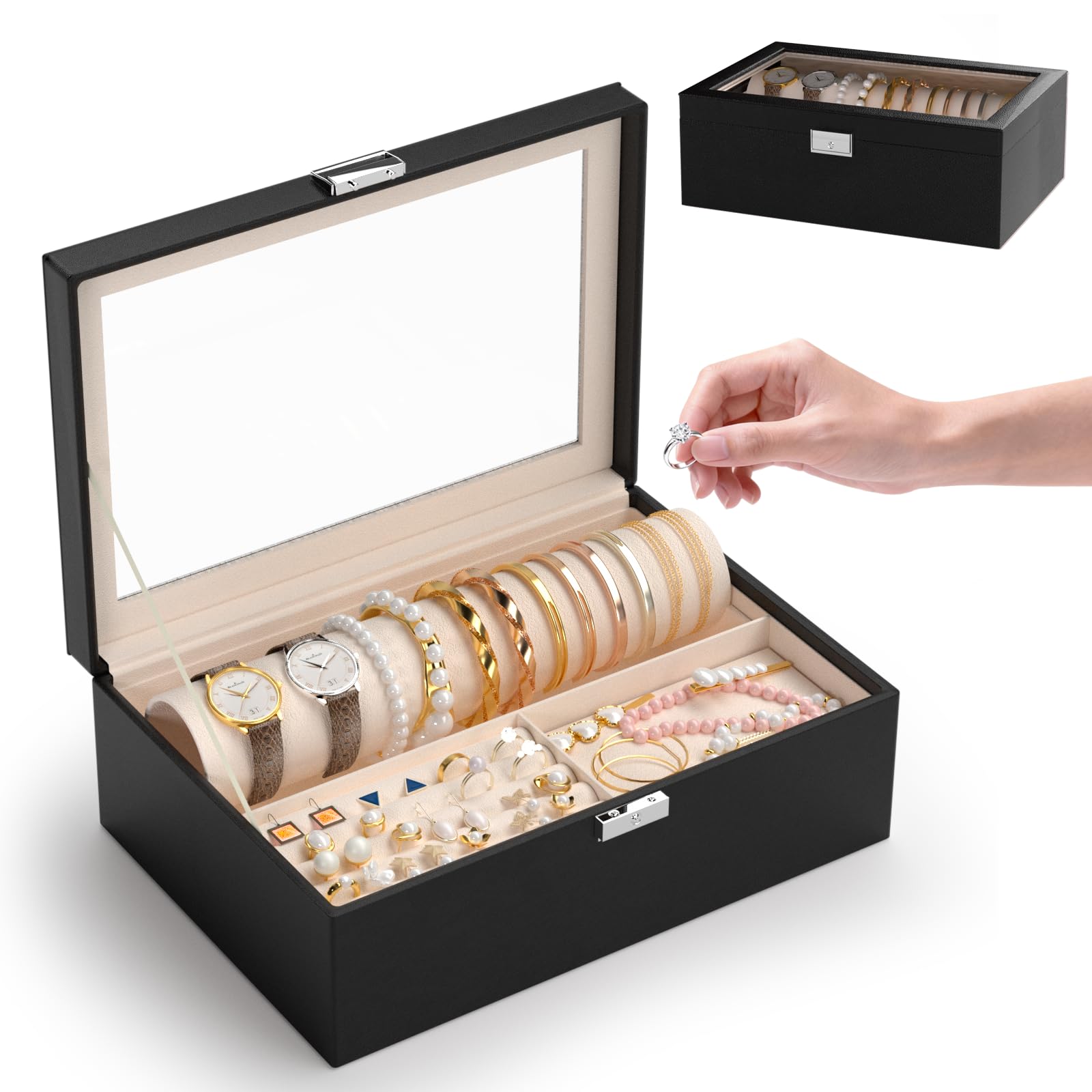 Jolensoy Jewelry Organizer Box with Clear Glass Lid, Bracelet Holder Jewelry Storage Case for Earrings, Rings, Bangles, Watches - PU Leather Jewelry Display Box Gifts for Women Girls, Black