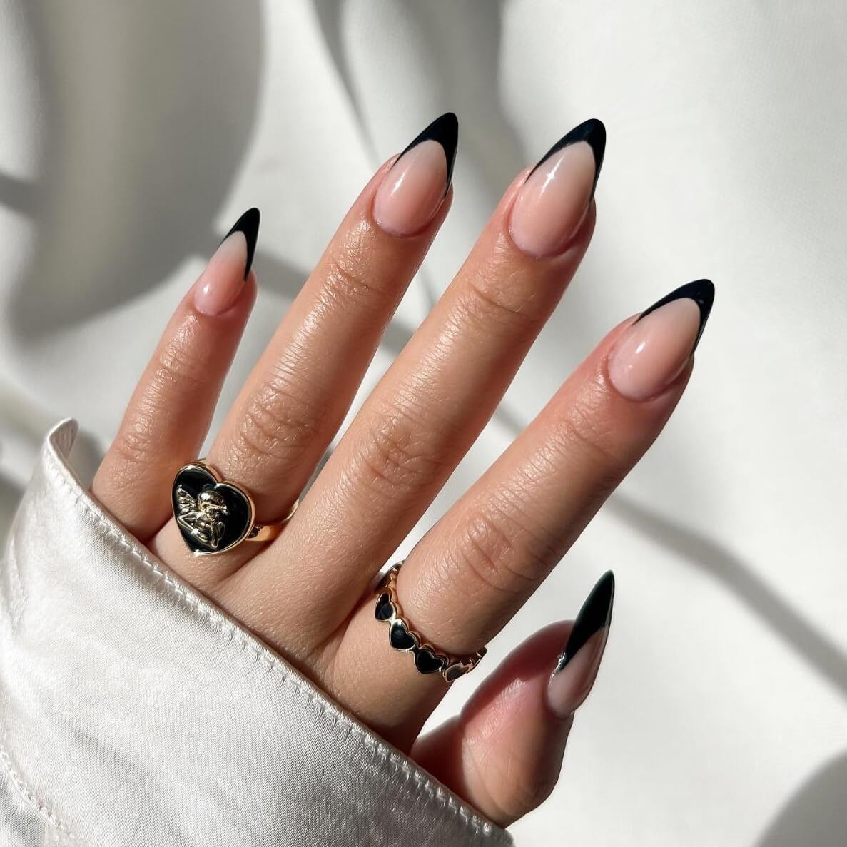 KQueenest 30 Pcs Black French Tip False Nails Short Medium Almond, French Tip False Nails Short Stiletto