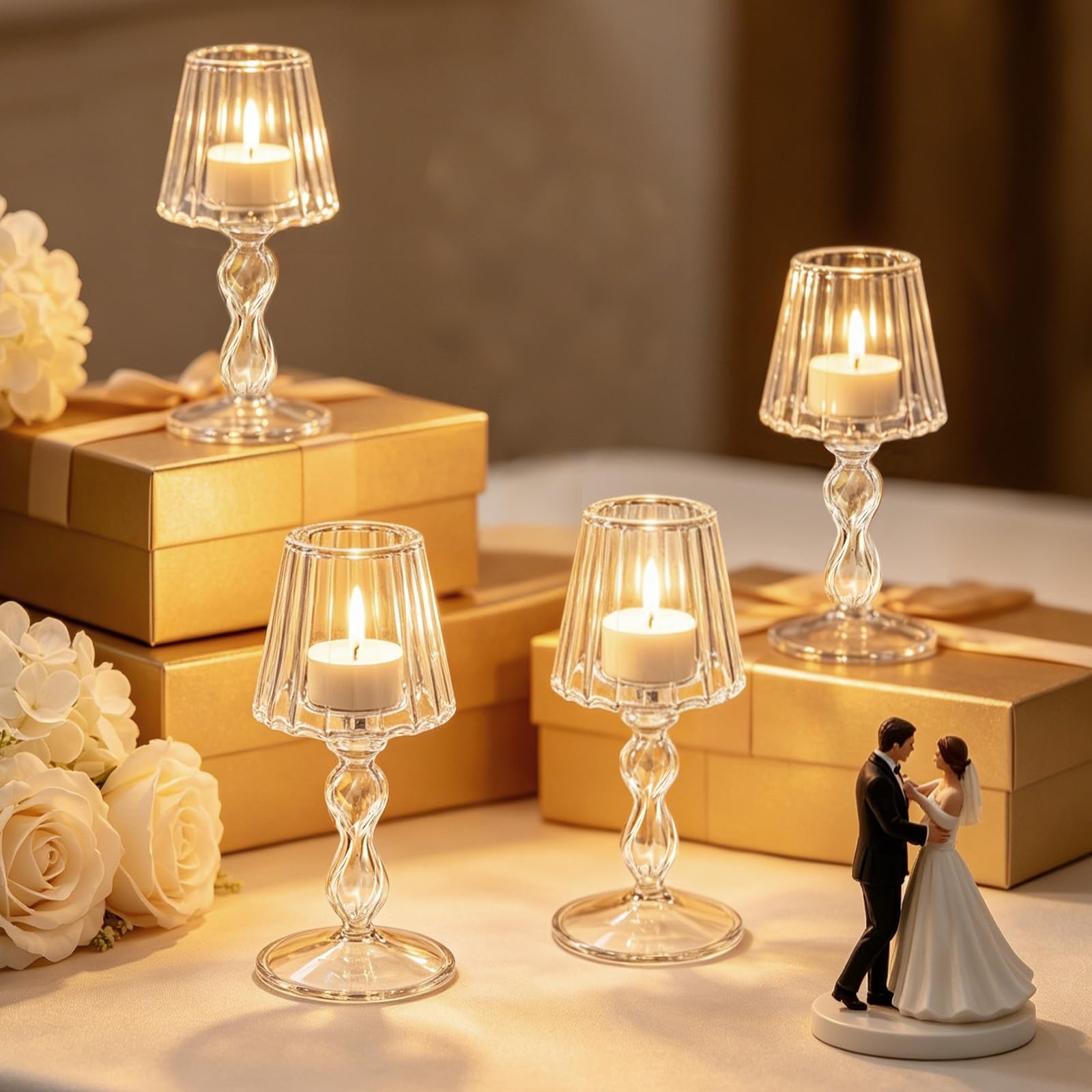 Sziqiqi Portavelas de Velas Pequeñas de Vidrio, 4 Piezas Portavelas Candelero de Cena a Las Velas Candelabros, Velas para Candelabros Centro de Mesa para Regalos de Boda y Decoración Navideña | Hurricane - Soporte para velas de té, para bodas, Navidad, pa