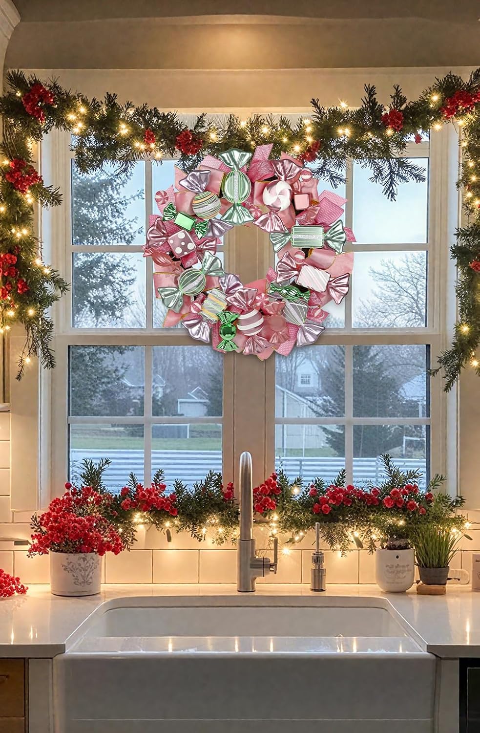 20" Christmas Wreath with Candy Themed for Front Door Decorations, Christmas Door Wreath with Pink & Gold Bow Ornaments for Home Wall Indoor Outdoor Xmas Decor