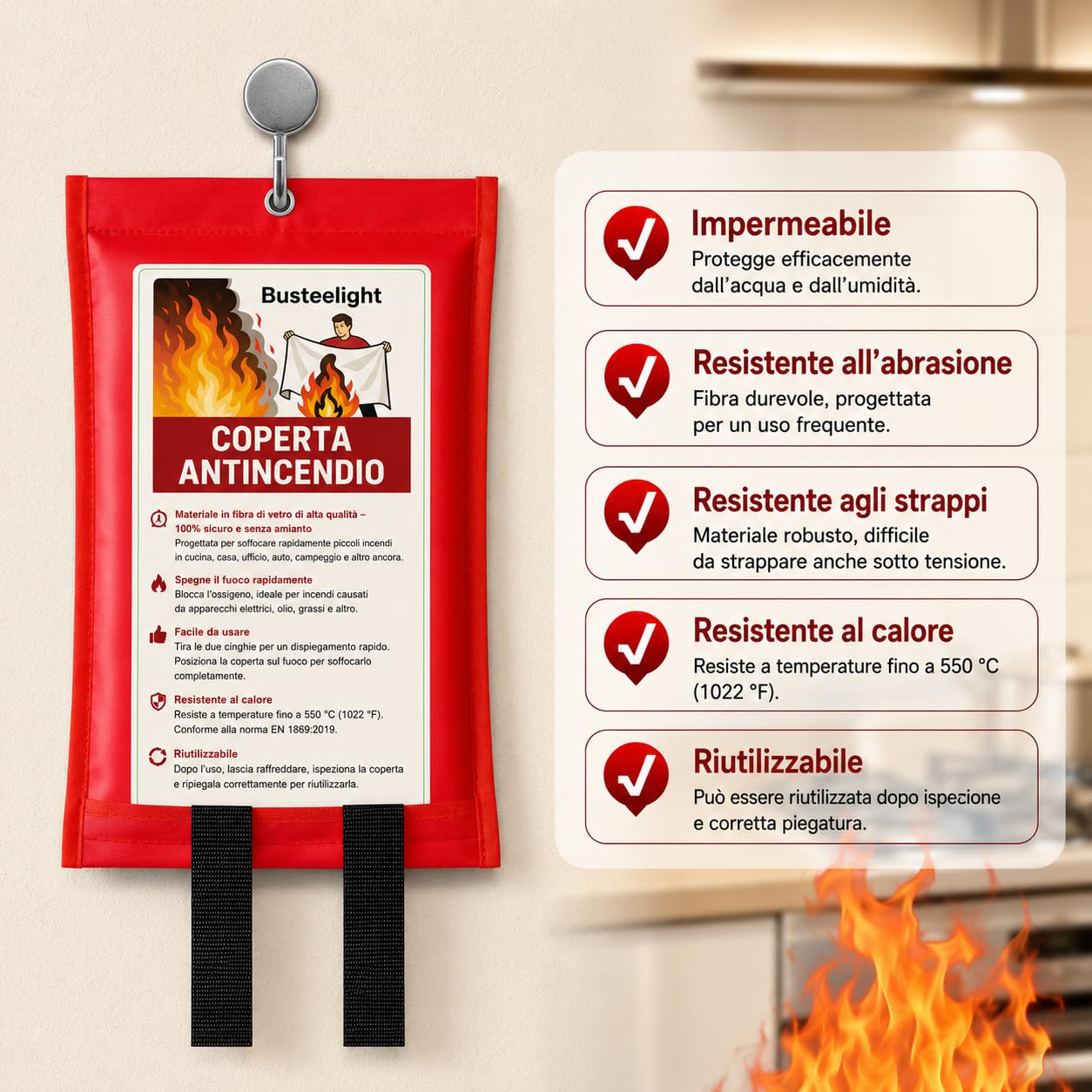 Coperta Antincendio 100 × 100 cm – Coperta Ignifuga in Fibra di Vetro per Casa, Cucina, Auto e Ufficio – Fire Blanket di Emergenza (4 Pezzi)
