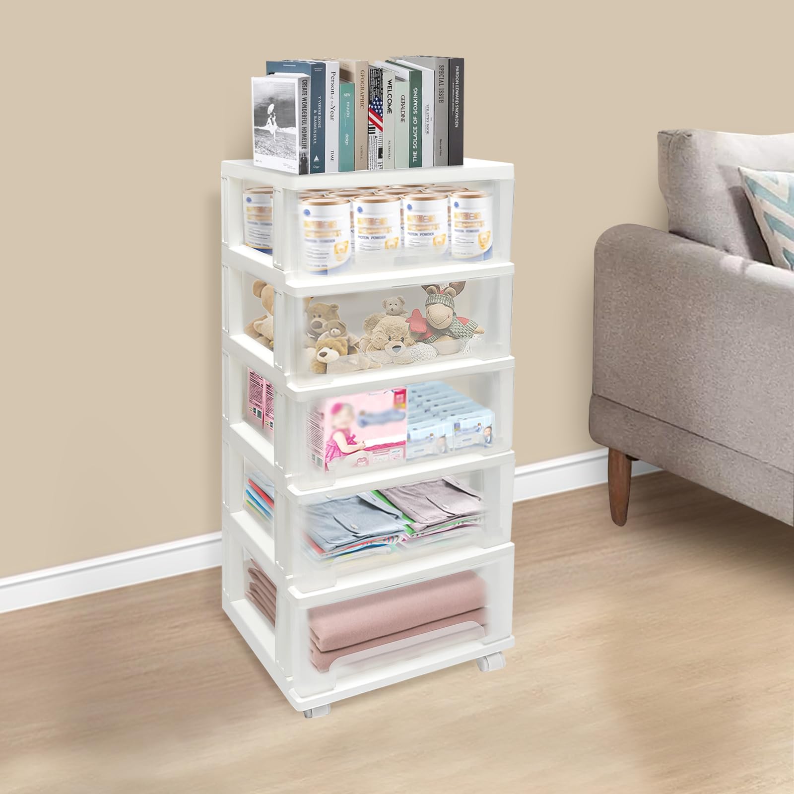 5-poziomowy organizer do przechowywania na kółkach szafka na biurko z kółkami plastikowe pudełka do przechowywania do sypialni salonu łazienki biura 40 x 33 x 98 cm wózek do przechowywania