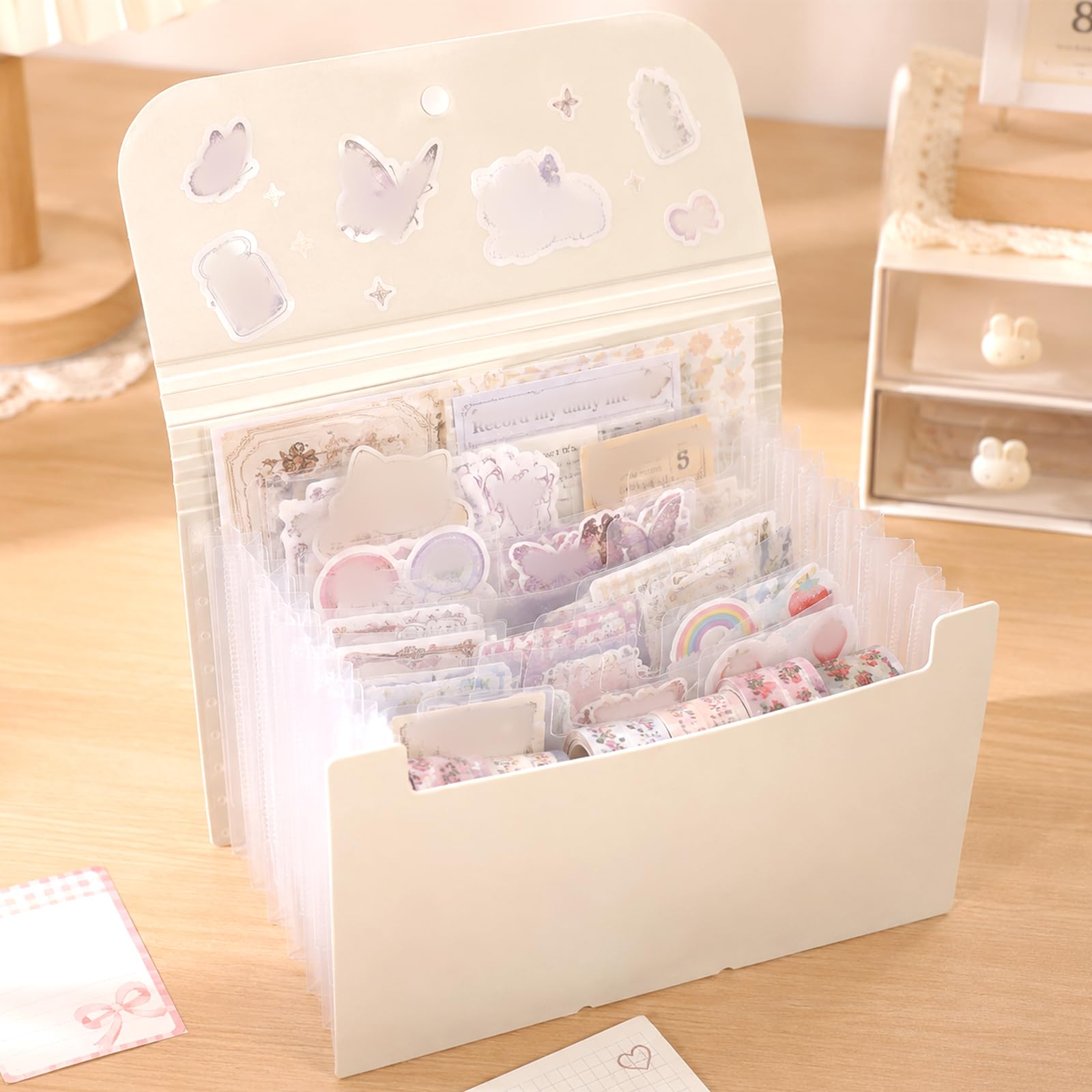 Multi-Layer Sticker Binder with 7 Expandable Pockets, Large Capacity Sticker Organizer Storage Binder with Labels for Album Washi Tape Scrapbook Essentials & Journal Organizer (Beige)