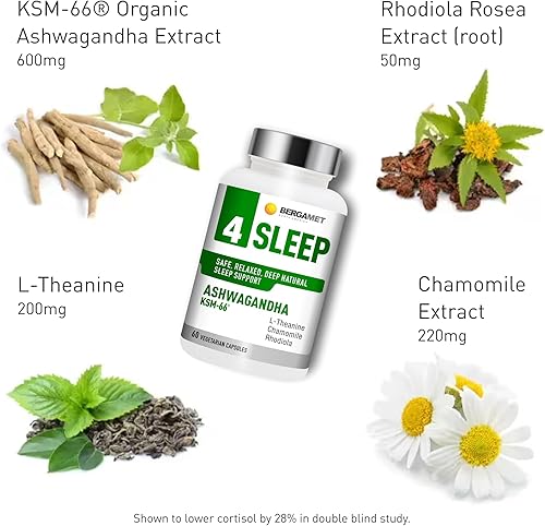 Miniatura 6 de BergaMet 4 Fórmula de apoyo para dormir con Ashwagandha KSM-66, rodiola, extracto de manzanilla y L-teanina, ayuda natural para noches reparadoras y