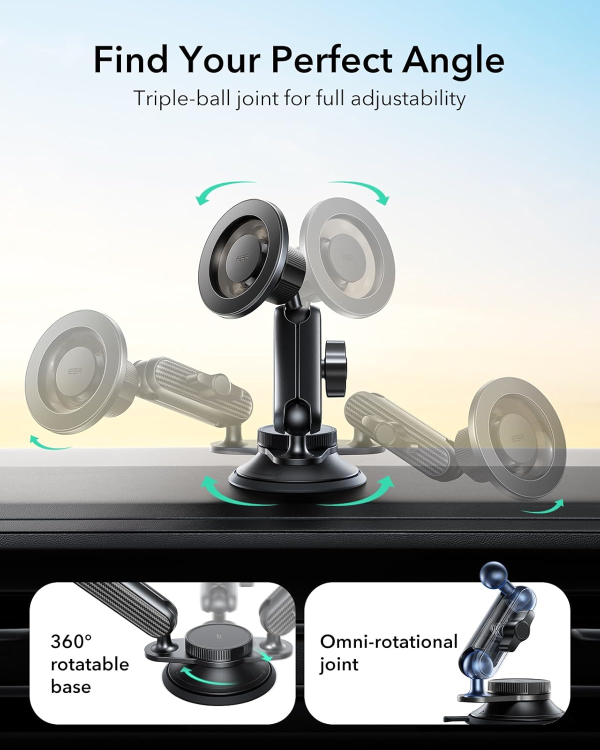 ESR Car Phone Holder for Magsafe, Vacuum Magnetic Car Phone Mount, 360° Adjustable Omnilock Magsafe Car Mount,Suction Cup Phone Holder, for iPhone Air/17/16/15/14/13/12, Google/Samsung, All Smartphone