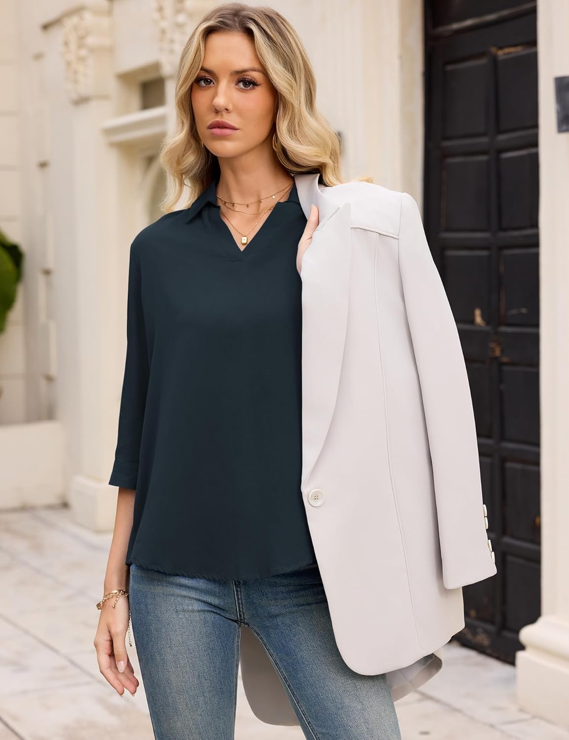 LOMON Womens 3/4 Sleeve Tops V Neck Cotton Linen Work Blouse Polo Shirts for Women Business Casual 2026 - Image 6